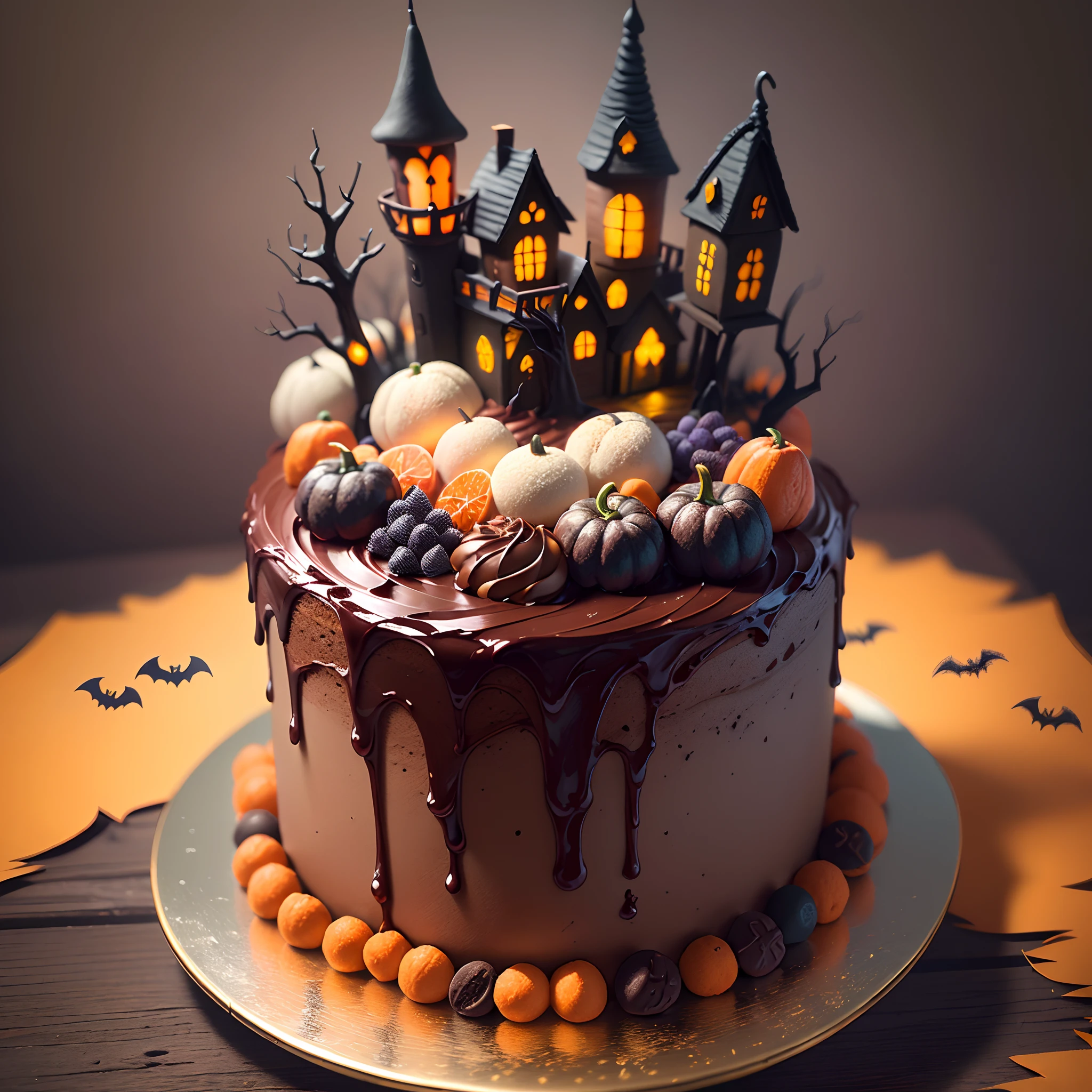 ((The best-selling Halloween themed cake)), (Beautifully decorated), (Looks delicious),(Detailed icing), (a lit candle), (Spooky and seductive), [Paper Cuttings style:(Autumn leaves)], (Warm and comfortable atmosphere), (Haunted house decoration), (Chocolate ganache), (Spooky fudge accessories), (Creative toppings), (intricatedesign), (Traditional Halloween elements), (Terrible and delicious), (Spooky atmosphere), (Delicious layer), (The atmosphere of celebration), (The subtleties of sin), (Autumn delicacies)。(Best quality,4K,8K,A high resolution,Masterpiece:1.2),Ultra-detailed,(Realistic,Photorealistic,photo-realistic:1.37),