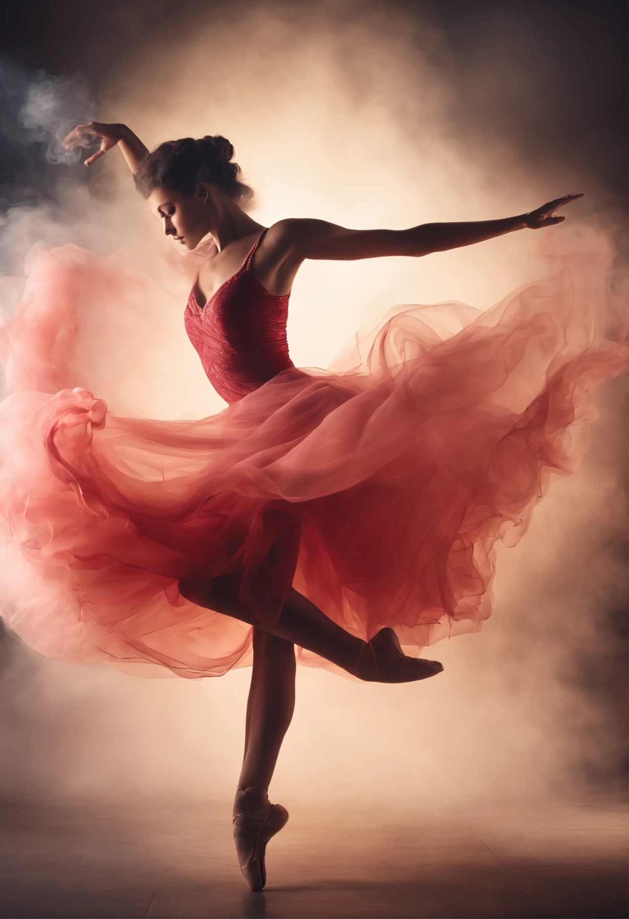 (Ultra-realistic Dancer), in Dadaist style, with (light red) Decorative elements, dynamic movement, motion blur, full body, award-winning, cinematic still, emotional, vignette, dynamic, vivid, (masterpiece, best quality, photorealistic, Professional, perfect composition, very aesthetic, absurdres, ultra-detailed, intricate details:1.3)