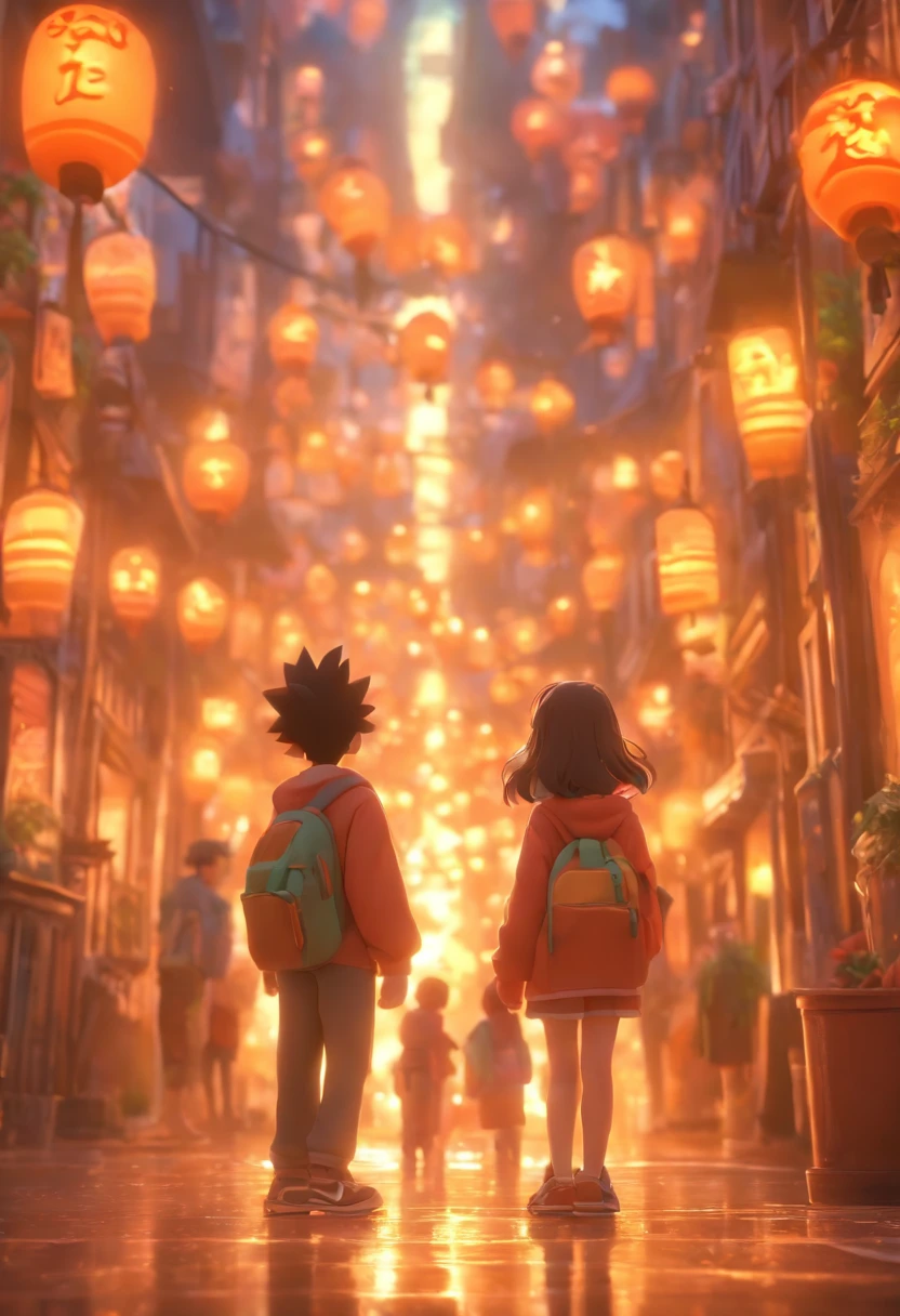 （Estilo Pixar),turma em uma colonia de ferias，Escola parquinho，Mochilas，Modelo de personagem em miniatura, fonte de luz da direita para a esquerda, Rum lighting, fonte de luz da direita para a esquerda, Realistic proportions, Post-processing, ((perspectiva ortogonal)), Super Detalhe, Realistic, super realistic, photoreal render,