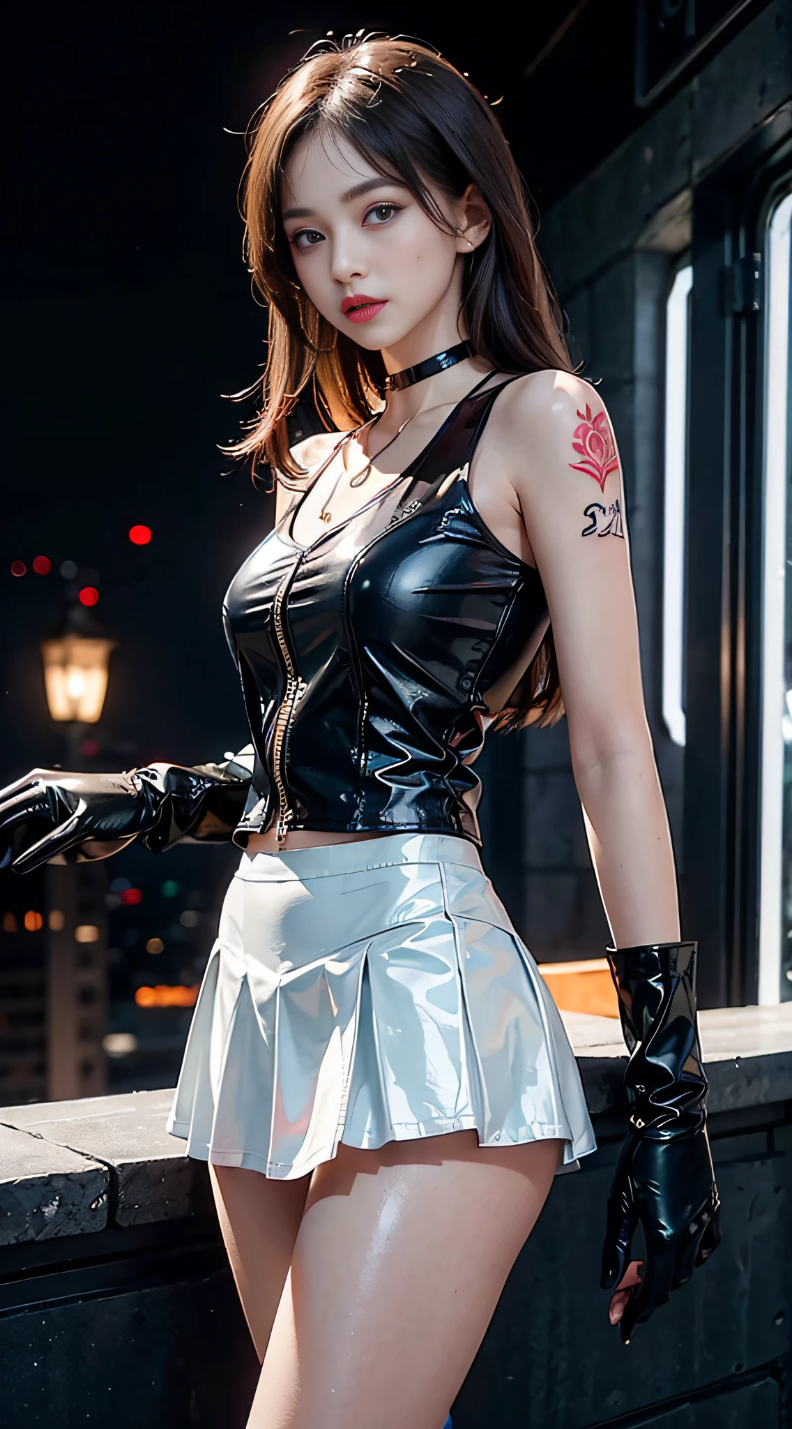 1girl, high res, highly detail, masterpiece, best quality, skirt, shirt, gloves, bare shoulders, pantyhose, earrings, sleeveless, black gloves, belt, black skirt, black shirt, sleeveless shirt, beret, sanhuadef