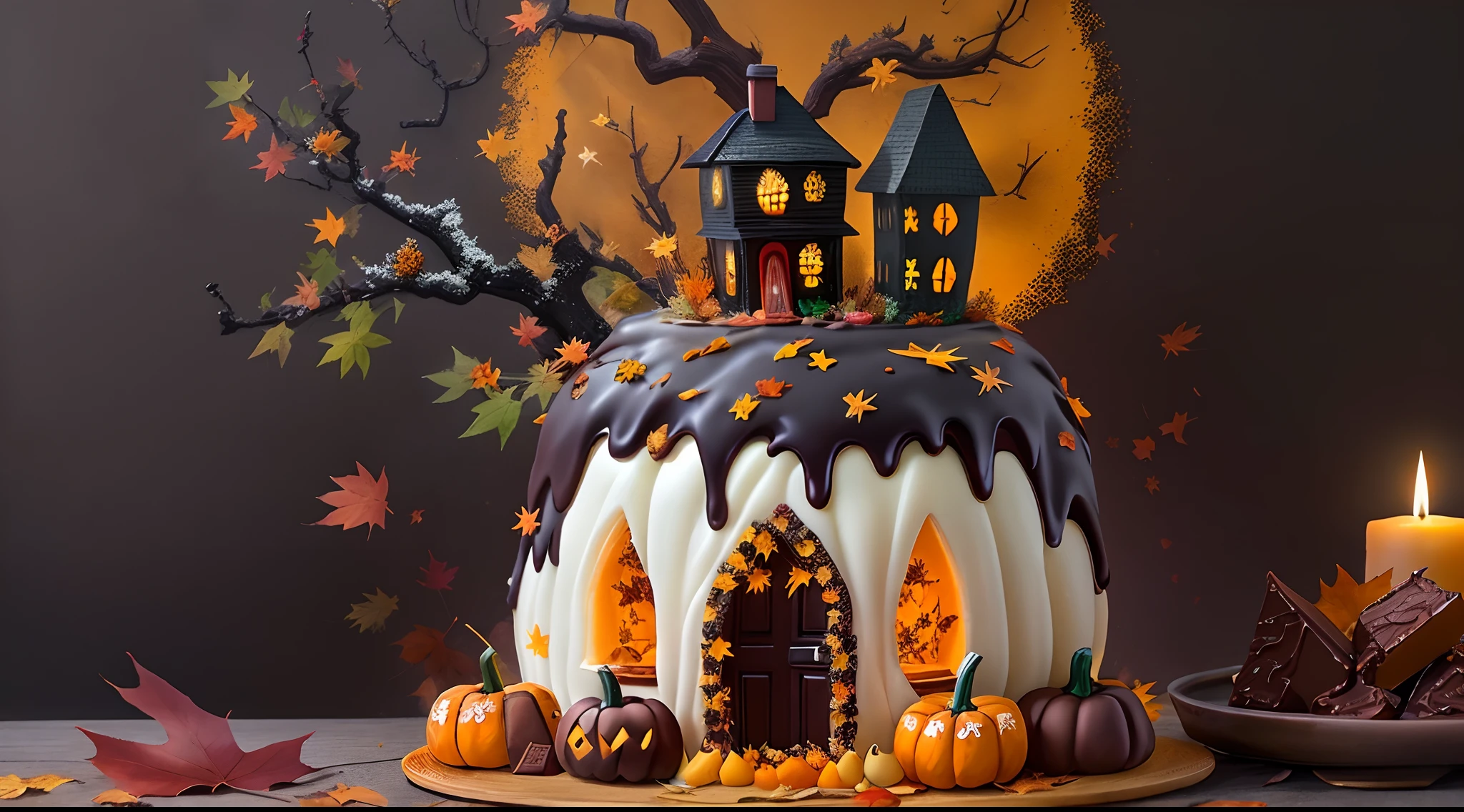 The best-selling Halloween-themed pumpkin-shaped cake.Beautifully decorated,Looks delicious,(Detailed icing), a lit candle, Spooky and seductive, (Autumn leaves), Warm and comfortable atmosphere, Haunted house decoration, Chocolate ganache, Spooky fudge accessories, (Creative toppings), intricatedesign, (Traditional Halloween elements), Terrible and delicious, Spooky atmosphere, Delicious layer, (The atmosphere of celebration), The subtleties of sin, (Autumn delicacies)。(Best quality,4K,8K,A high resolution,Masterpiece:1.2),Ultra-detailed,(Realistic,Photorealistic,photo-realistic:1.37),