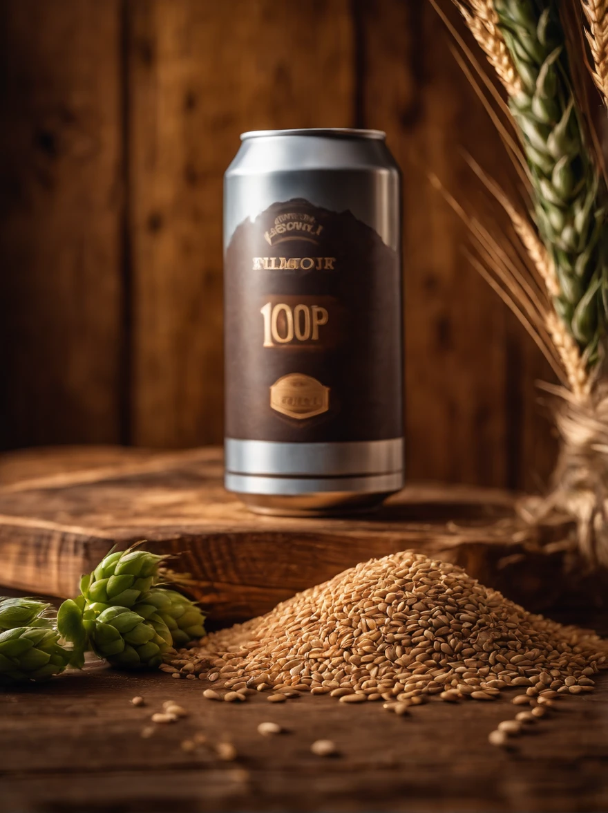 Epic image exclusively of a beer can in a wooden setting with lush and wonderful wheat scattered over the wood. The composition must be grandiose, com destaque para lata. Use three-point lighting to create depth and shadows. The ideal camera is a PhaseOne IQ180 with a 24mm lens. The aspect ratio should be 3:4 and the ISO 1000 setting for a balanced exposure. Apply a cinematic color correction for a stunning finishing touch. The scene should also contain hops.