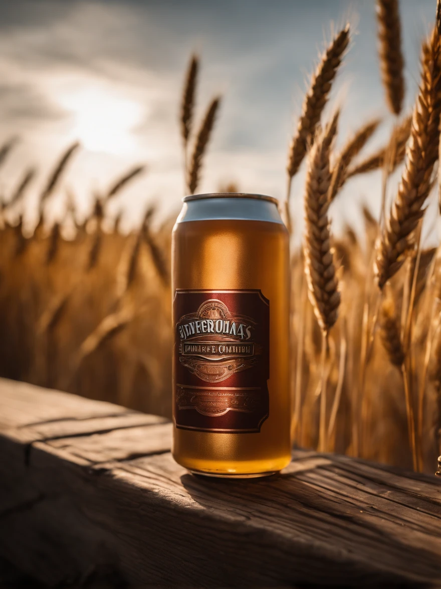 Epic image exclusively of a beer can in a wooden setting with lush and wonderful wheat scattered over the wood. The composition must be grandiose, com destaque para lata. Use three-point lighting to create depth and shadows. The ideal camera is a PhaseOne IQ180 with a 24mm lens. The aspect ratio should be 3:4 and the ISO 1000 setting for a balanced exposure. Apply a cinematic color correction for a stunning finishing touch. The scene should also contain hops.