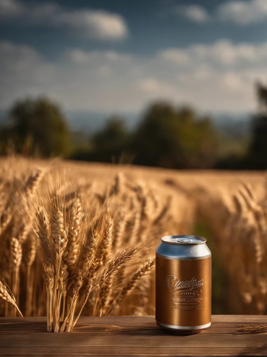 Epic image exclusively of a beer can in a wooden setting with lush and wonderful wheat scattered over the wood. The composition must be grandiose, com destaque para lata. Use three-point lighting to create depth and shadows. The ideal camera is a PhaseOne IQ180 with a 24mm lens. The aspect ratio should be 3:4 and the ISO 1000 setting for a balanced exposure. Apply a cinematic color correction for a stunning finishing touch. The scene should also contain hops.