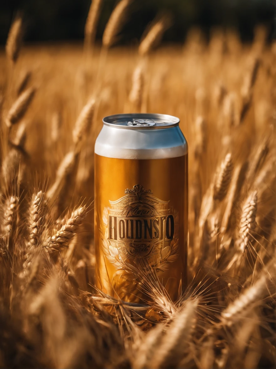 Epic image exclusively of a beer can in a wooden setting with lush and wonderful wheat scattered over the wood. The composition must be grandiose, com destaque para lata. Use three-point lighting to create depth and shadows. The ideal camera is a PhaseOne IQ180 with a 24mm lens. The aspect ratio should be 3:4 and the ISO 1000 setting for a balanced exposure. Apply a cinematic color correction for a stunning finishing touch. The scene should also contain hops.