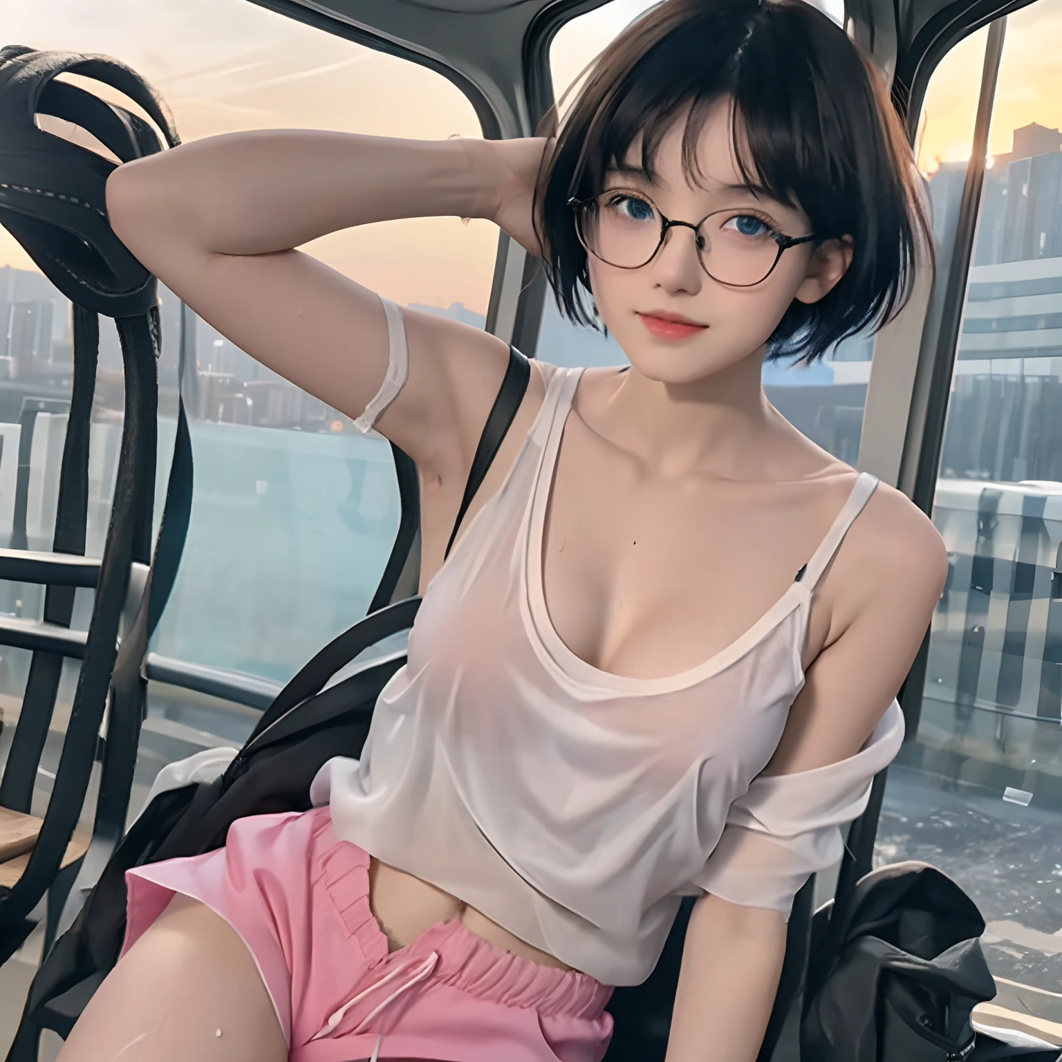  cute girl with black short bob hair and bangs, she is in eyeglasses, transparent white camisole, wet, no bra, tiny breast, tits, erect nipples, erect tits, pink shorts, petite body, see-through, her skin bright, beautiful light blue eyes, sunset, on train, 8k detailed high quality, nsfw, semi-realistic