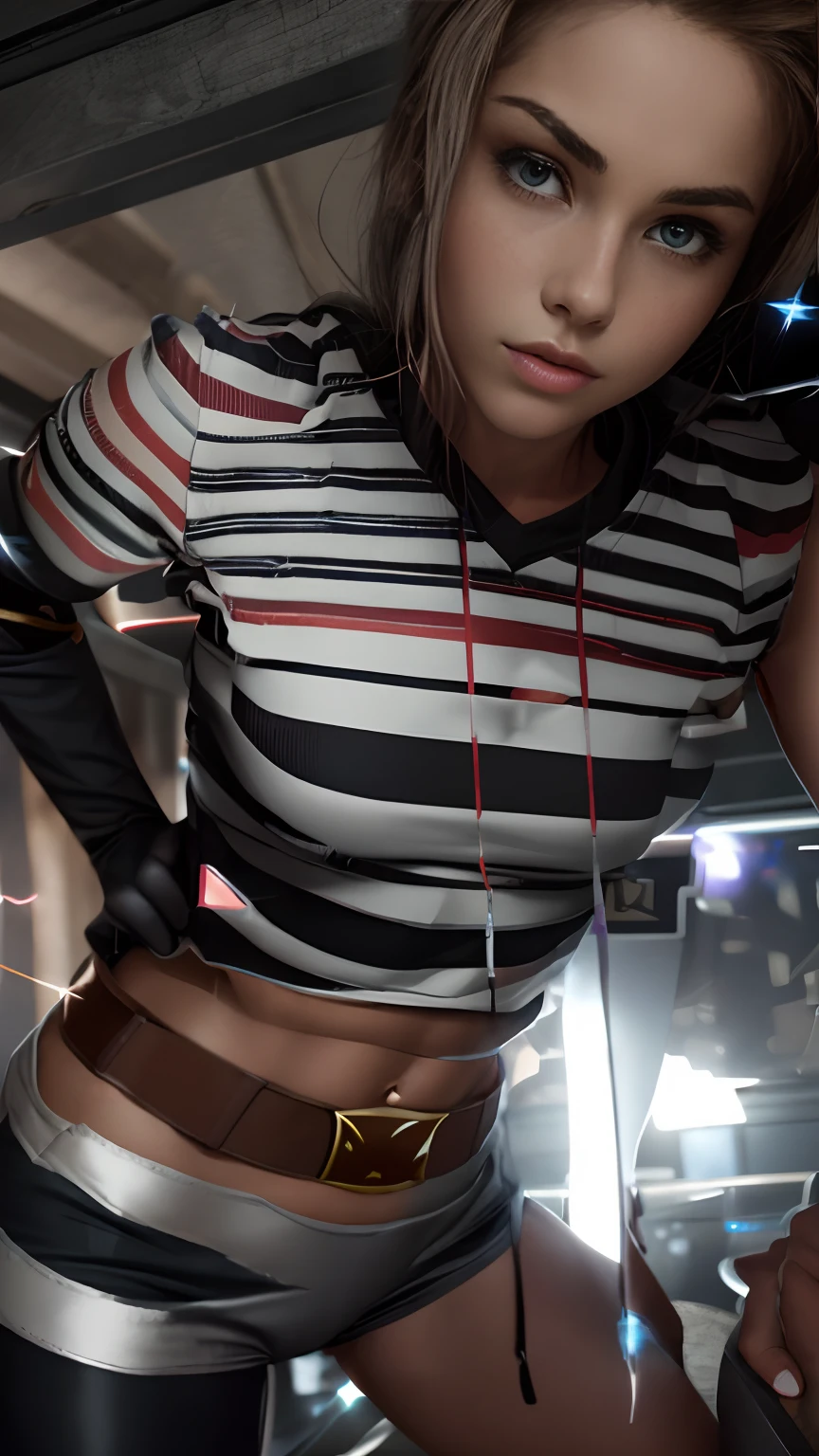 (Extremely detailed 8k wallpaper), a mid shot photo of batgirl, confident, sexy top, short top:1.2, calm, modern futuristic clothing, complex, highly detailed, and dramatic, cinematic lighting, bright scene, cameltoe:1.2, thigh gap, soft lights, large breasts:1.3, nsfw:1.2, fit girl, lean girl. dark gray clothes