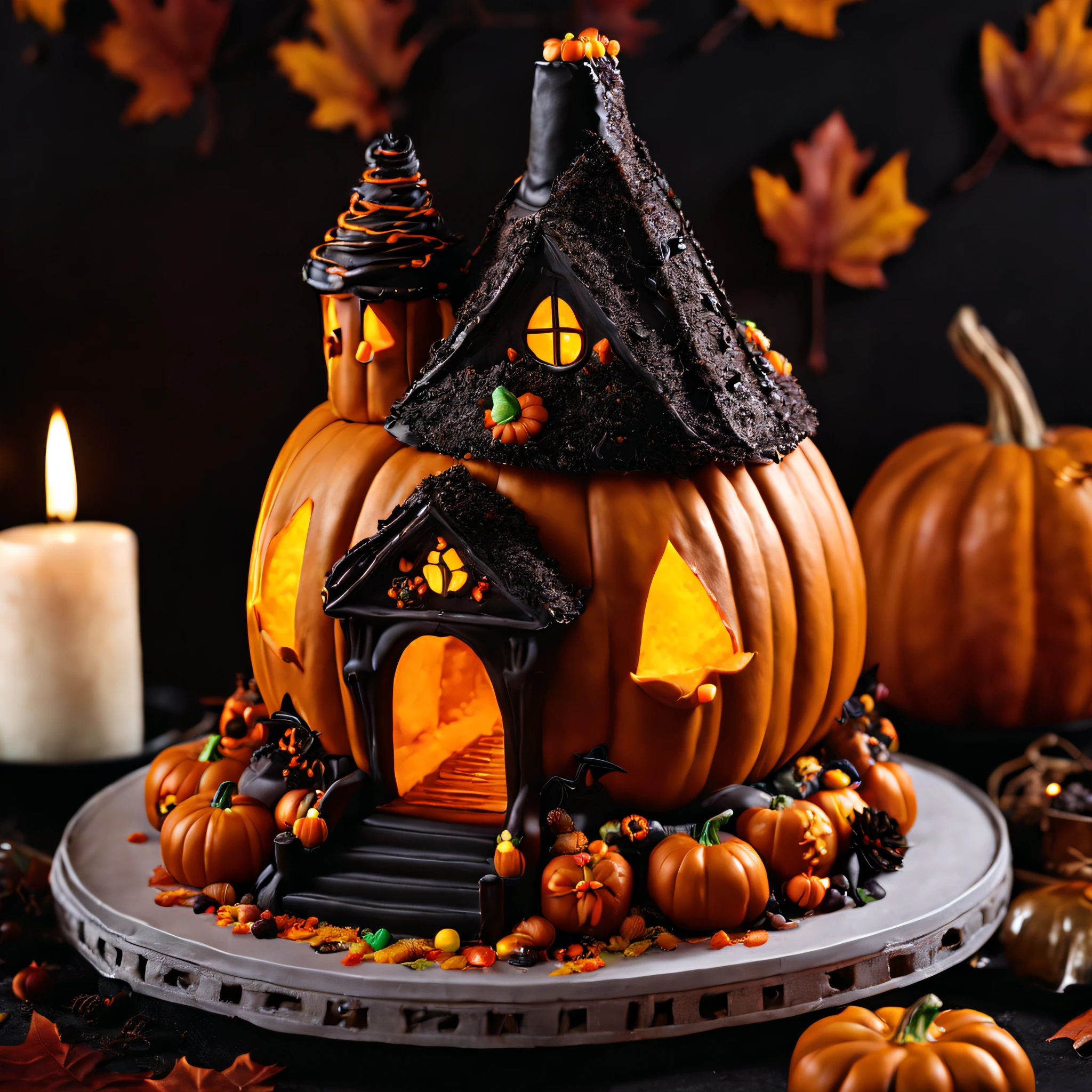 A Halloween themed pumpkin shaped cake house.Beautifully decorated,Looks delicious,(Detailed icing), a lit candle, Spooky and seductive, (Autumn leaves), Warm and comfortable atmosphere, Haunted house decoration, Chocolate ganache, Spooky fudge accessories, (Creative toppings), intricatedesign, (Traditional Halloween elements), Terrible and delicious, Spooky atmosphere, Delicious layer, (The atmosphere of celebration), The subtleties of sin, (Autumn delicacies)。(Best quality,4K,8K,A high resolution,Masterpiece:1.2),Ultra-detailed,(Realistic,Photorealistic,photo-realistic:1.37),