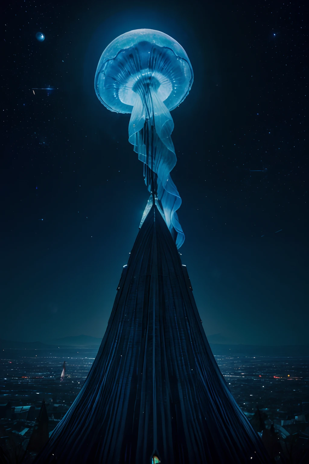 The perfection of the magician, fantasy photograph, (Blue moon like a giant jellyfish), Astronomical beauty, Shining moonlight, Galaxy and asteroid in background