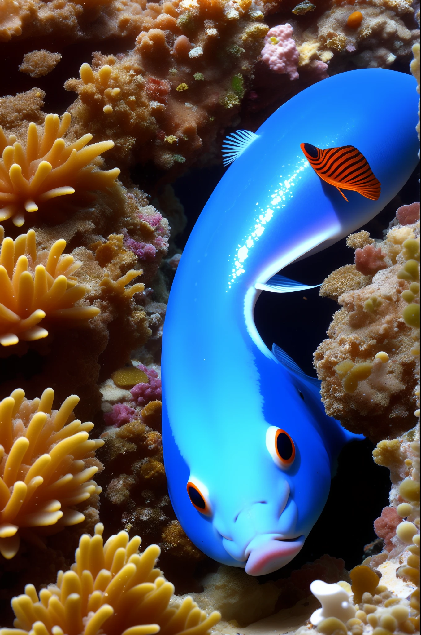 Black, red sea slug with the lower body of a blue guppy