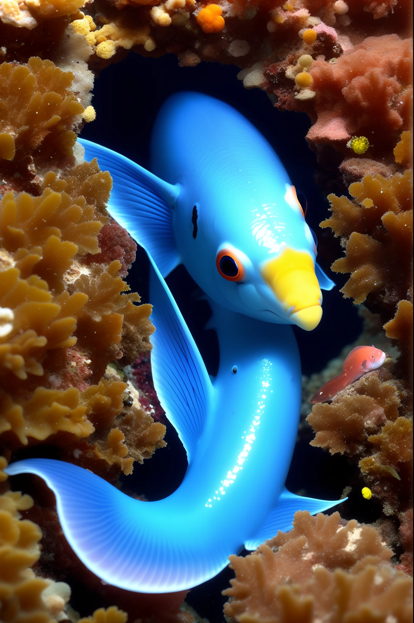 Black, red sea slug with the lower body of a blue guppy