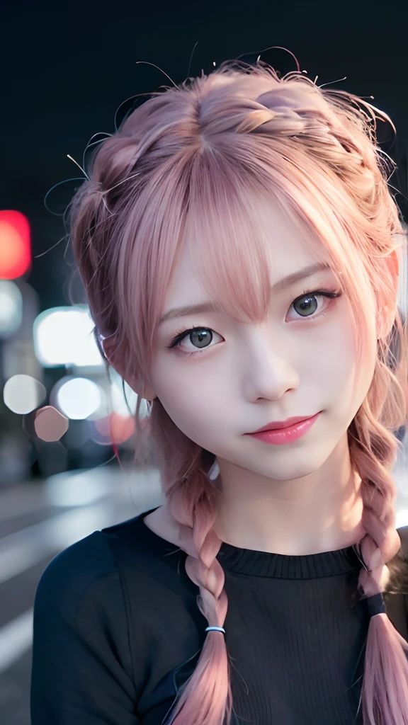女の子1人、on tokyo street、natta、A city scape、city light、The upper part of the body、up close shot、Blue eyes,Full body,faces、(A smile:1.5)、small tits、Black long-sleeved uniform、(8K、Raw photography、top-quality、masterpiece:1.2)、(realisitic、photoRealstic:1.37), (Pink hair), Ear Hair, small tits, Single braid, (Single braid), (Side braid)