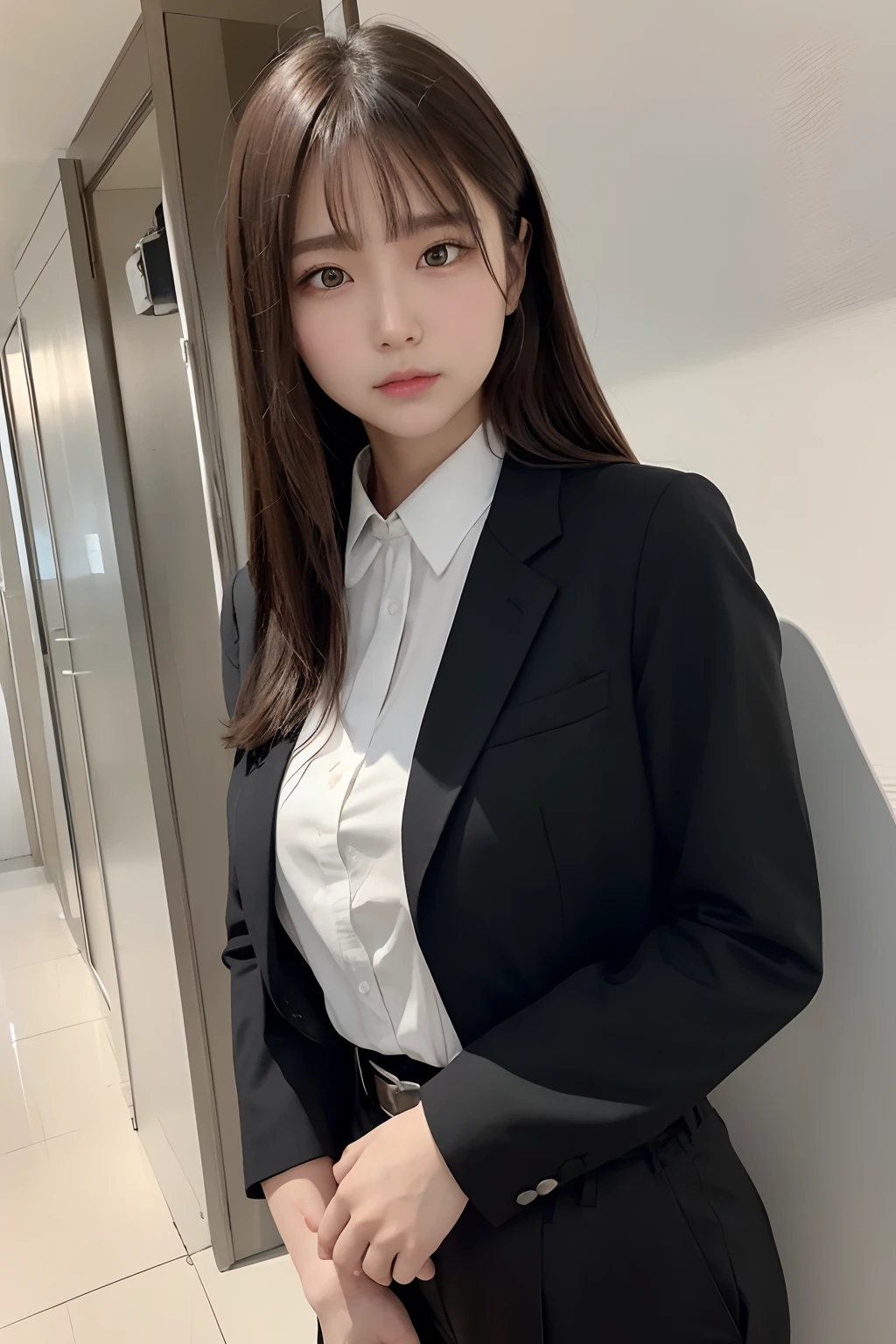 masterpiece、flat-colors、depth of fields、lens flare 1 girl、、Brown hair、watching at viewers a belt black suspenders Social OL ample bosom Armpit sweat perspiring Side of both hands walls: Black Suit Black pants, Black jacket