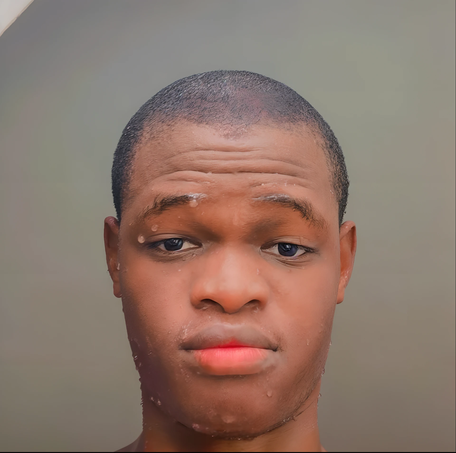 There's a man with a wet face and a red shirt, imagem frontal, rosto raspado limpo, imagem do rosto, Godwin Akpan, head and shoulders view, mostrando a testa, rosto raspado, com rosto preciso, rosto detalhado preciso, Rosto alto e detalhado!!!, Areas of Adebanji, with detailed facial features, Rosto altamente detalhado de 8k, Vista frontal