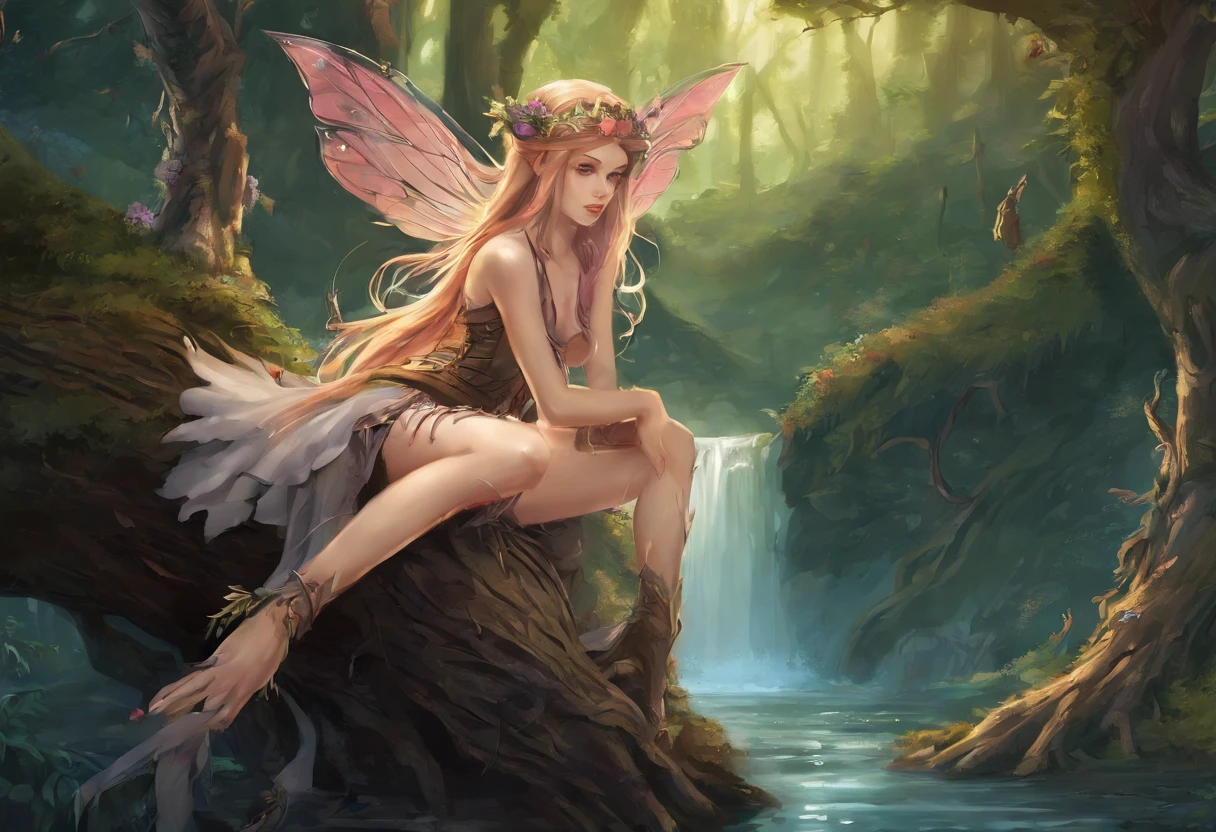 A high elf girl in a forced laying on a tree stump with very revealing clothes while masturbating and rubbing her pussy with small tits
