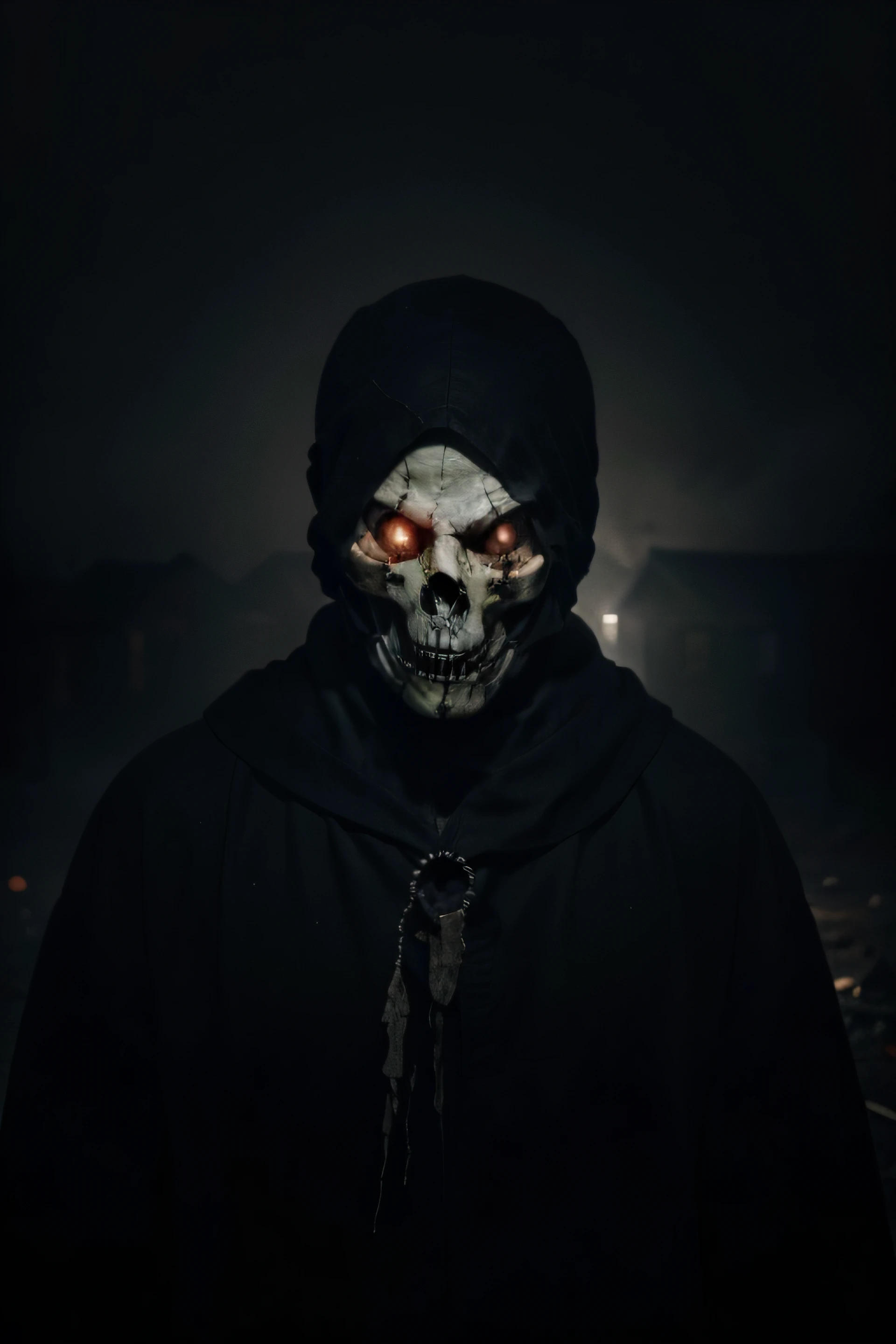 (best quality,realistic),man wearing skull mask with A blood-stained shroud Ghost,dark and eerie atmosphere,unearthly glow,hauntingly beautiful,macabre details,ominous presence,ominous lighting,sharp focus,dramatic shadows,mysterious fog,misty backdrop,creepy ambiance,horror movie inspired,gritty texture,vivid colors,hauntingly vivid reds and blacks,ghostly apparition,sinister aura,fear and dread,menacing aesthetic,spooky and bone-chilling,nightmarish faceless figure,intricate details of the skull mask,skull mask carved with intricate patterns,bloodstains on the shroud,tattered fabric,ethereal and otherworldly,ghostly silhouettes,ghastly presence,haunting and terrifying composition