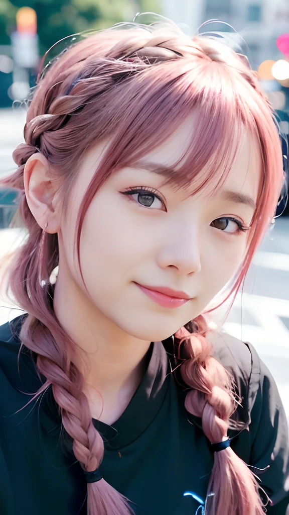 女の子1人、on tokyo street、natta、A city scape、city light、The upper part of the body、up close shot、Blue eyes,Full body,faces、(A smile:1.5)、small tits、Black jacket、(8K、Raw photography、top-quality、​masterpiece:1.2)、(realisitic、photoRealstic:1.37), (Pink hair), Ear Hair, small tits, Single braid, (Single braid), (Side braid)
