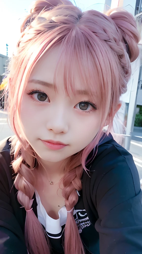 女の子1人、on tokyo street、natta、A city scape、city light、The upper part of the body、up close shot、Blue eyes,Full body,faces、(A smile:1.5)、small tits、Black long-sleeved uniform、(8K、Raw photography、top-quality、​masterpiece:1.2)、(realisitic、photoRealstic:1.37), (Pink hair), Ear Hair, small tits, Single braid, (Single braid), (Side braid)