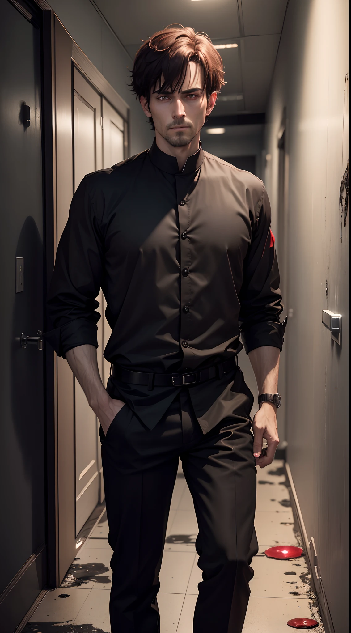 realistic, 8k image of a 35-year-old priest, short brown hair, red and demonic eyes, dressed in a black button-down shirt and black pants, standing in a hallway with moldy walls, demonic expression, anime style art