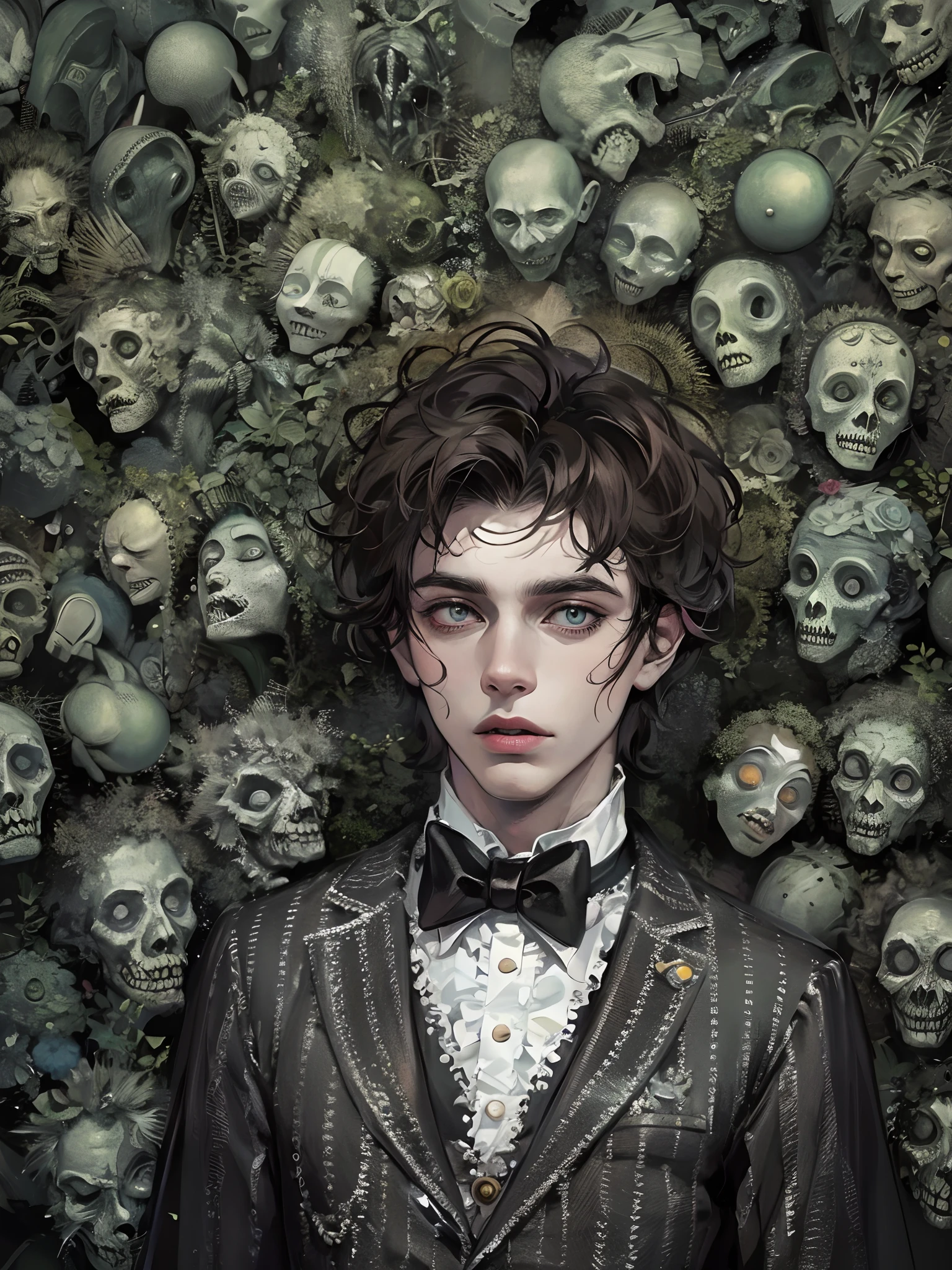 Absurdres masterpiece HDR high quality picture of a young handsome gentleman portrait with a Tim Burton theme style