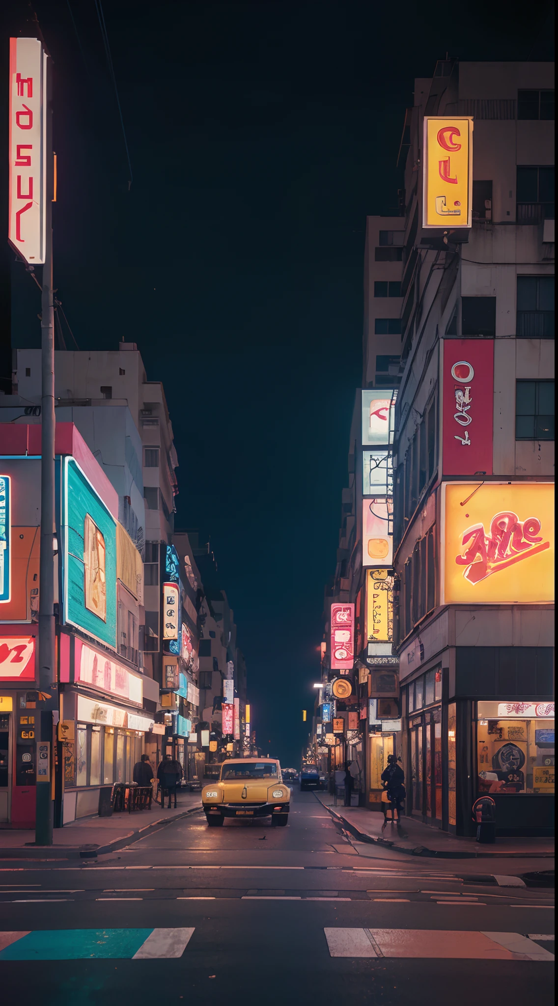 Night scene of a city street with a car and a bus, art deco outrun anime aesthestic, Elogio Artstyle, lo-fi retro videogame, Arte Lofi, 8 0 s vibe anime, Cyberpunk Pixel Art, Arte Lo-fi, 9 0 s anime aesthetic, lo-fi illustration style, anime aesthetic, cores lofi, Cyberpunk aesthetics