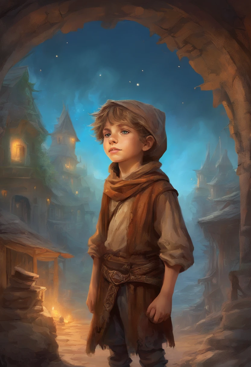 boy in ratty brown peasant clothes, dirty looking but with the brightest blue eyes, in slums, scared