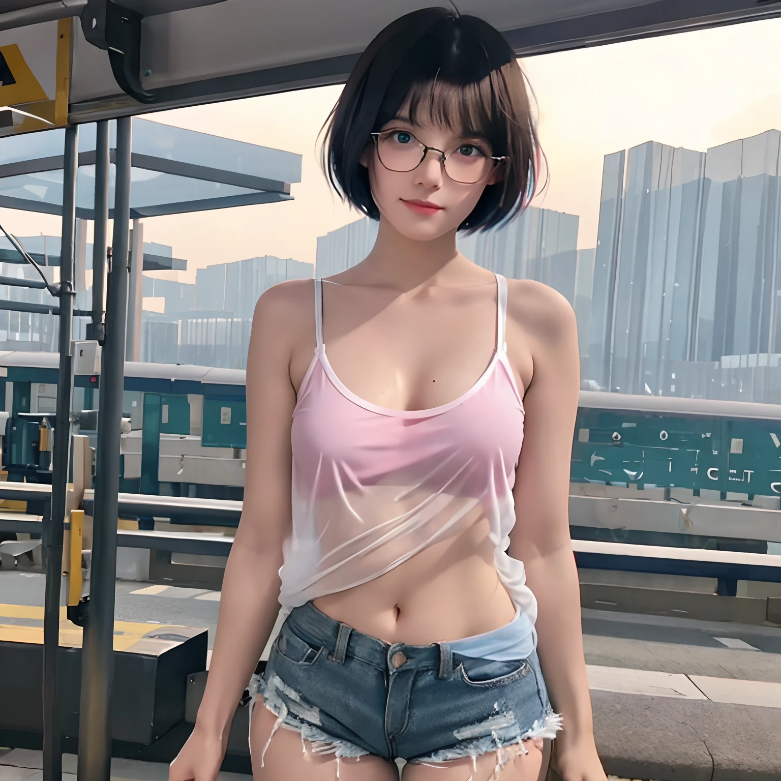 cute girl with black short bob hair and bangs, she is in eyeglasses, transparent white camisole, wet, sweating, no bra, flat breast, tits, erect nipples , erect tits, pink shorts, petite body, see-through, her skin bright, beautiful light blue eyes, on train, 8k detailed high quality, nsfw, semi-realistic