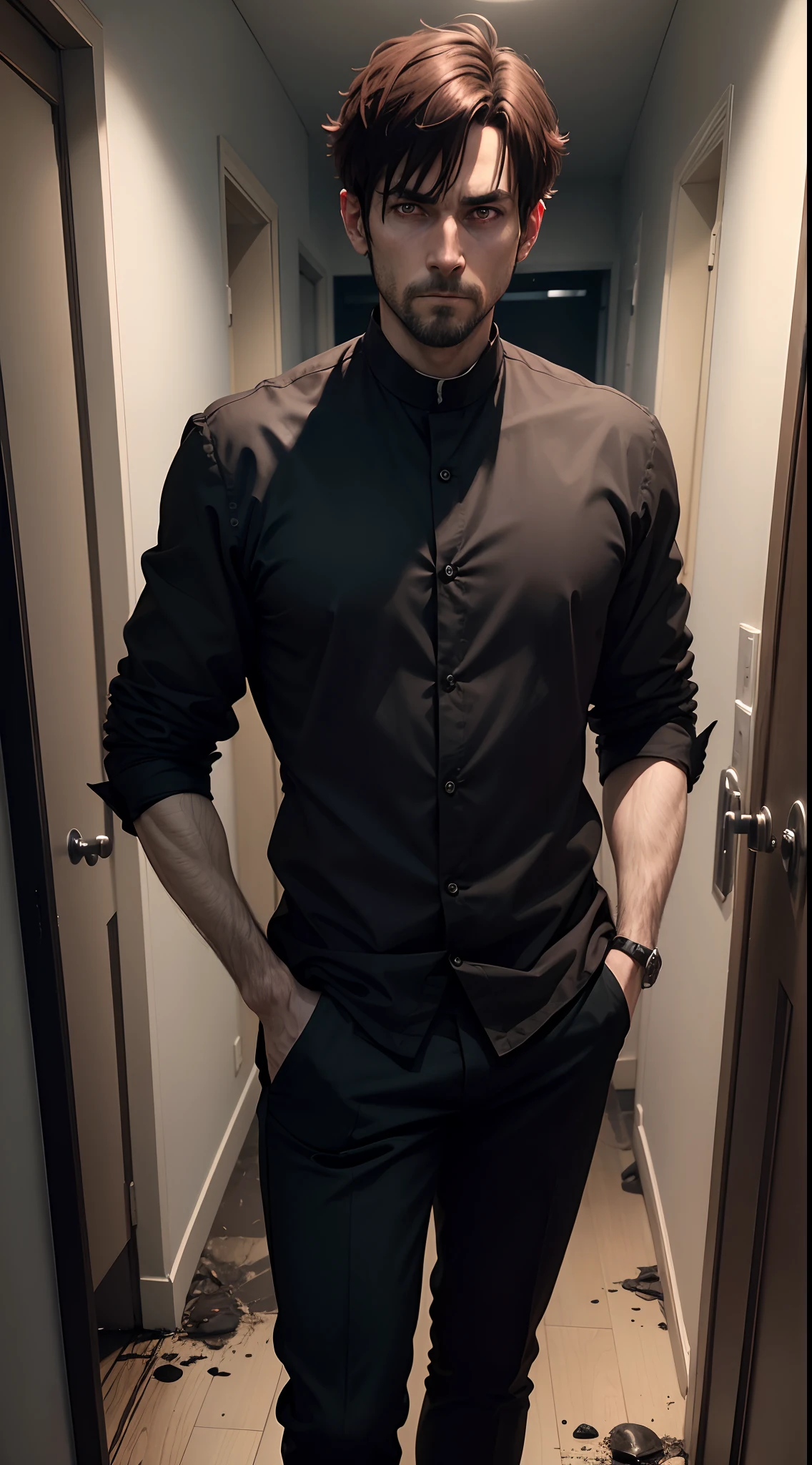 realistic, 8k image of a 35-year-old priest, short brown hair, red and demonic eyes, dressed in a black button-down shirt and black pants, standing in a hallway with moldy walls, demonic expression, anime style art