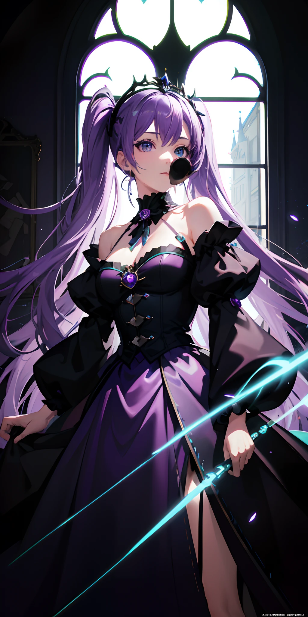 Vampire Queen Combat Dress (Radiant Royal Cloak: 1.2) Black and Purple Color, Original Character, Masterpiece, Tempting Purple Eyes (Multicolor High Ponytail 1:1.2) Purple Gemstone Accessories Gold Belt, Gold Necklace, Wind Evil and body floating effect, Soft Moonlight, (extremely delicate beautiful eyes and depression but arrogant eyes), unique crown, (Corruption Tattoo on 1;1.25), 16k wallpaper style,bare shoulders, cute, petite, solo, stars, stardust, (iridescent hair, colorful hair, half purple and half pink hair: 1.3), wet body detailed, creative, killing scenario, (magical, mythic,fantasy), legend horny, (Super Model Body Shape, idol, seducing body, attractive, gorgeous, charming, majesty, Sexy Devil aura), blush, pink lips, cinematic lighting, full body close-up, scale up