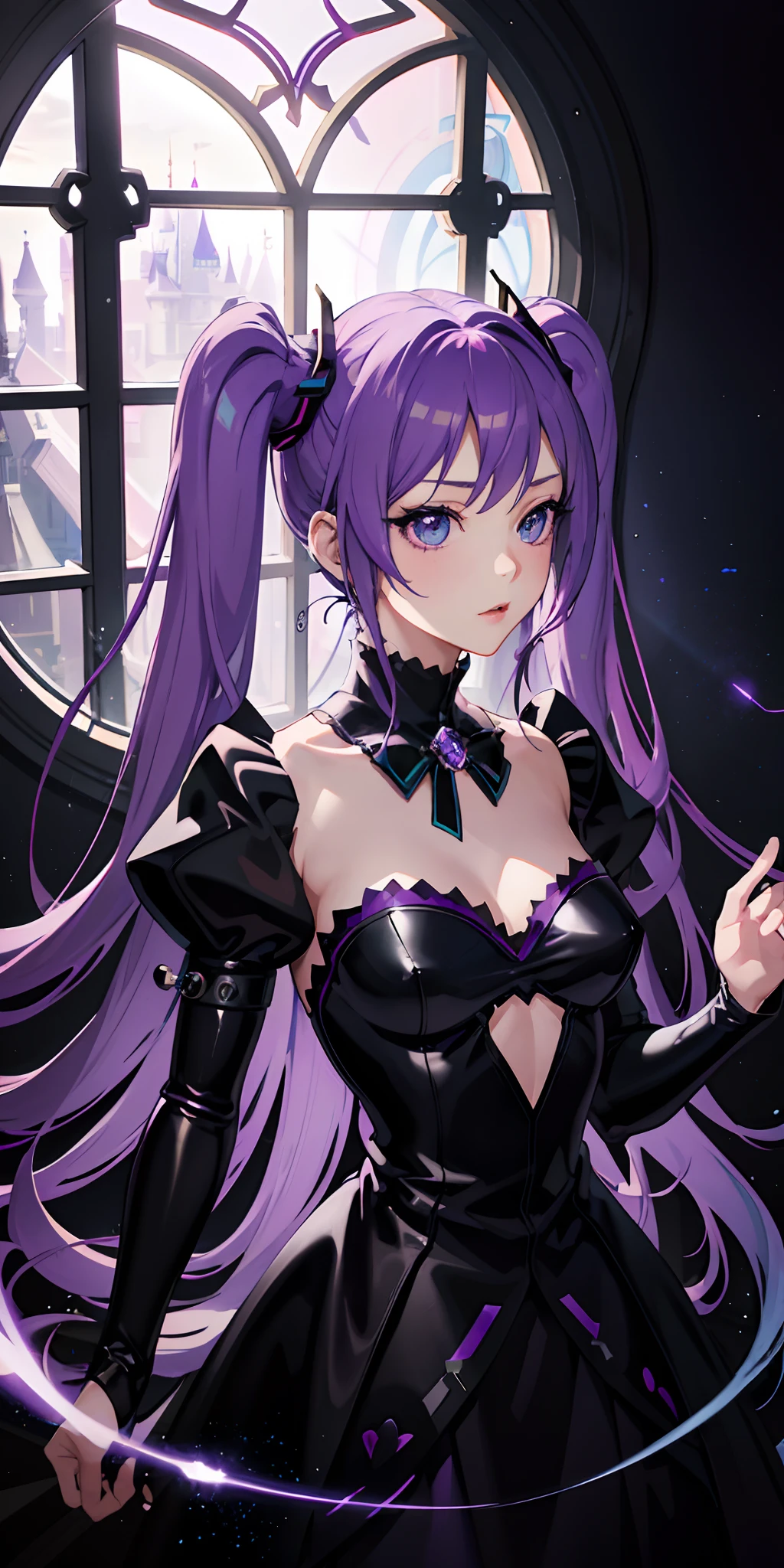 Absurdres masterpiece HDR high quality picture of realistic, 1girl, purple hair, teal eyes, hatsune miku, Disney style evil queen, castle, light particles, light rays from window, wallpaper,