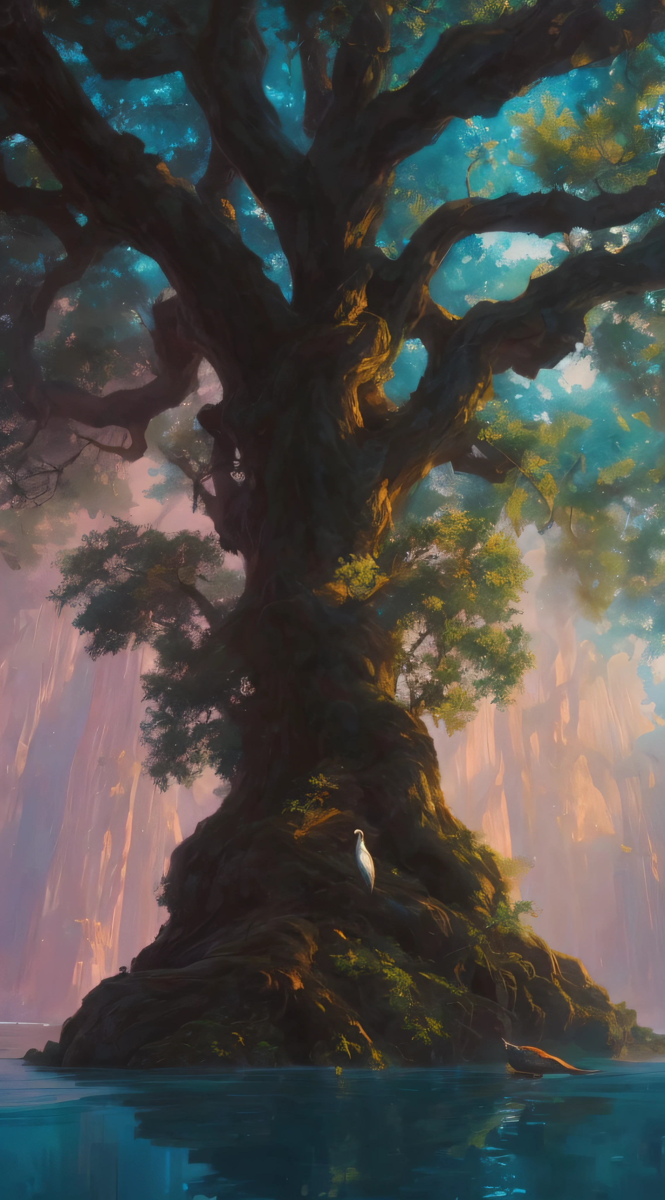 a painting of a tree with a white bird sitting on top of it, detailed painting 4 k, beautiful painting of a tall, 4k digital painting, 4 k digital painting, ross tran. scenic background, overgrowth. by makoto shinkai, 8k resolution digital painting, 8 k resolution digital painting, concept art oil painting, digital 4k painting
