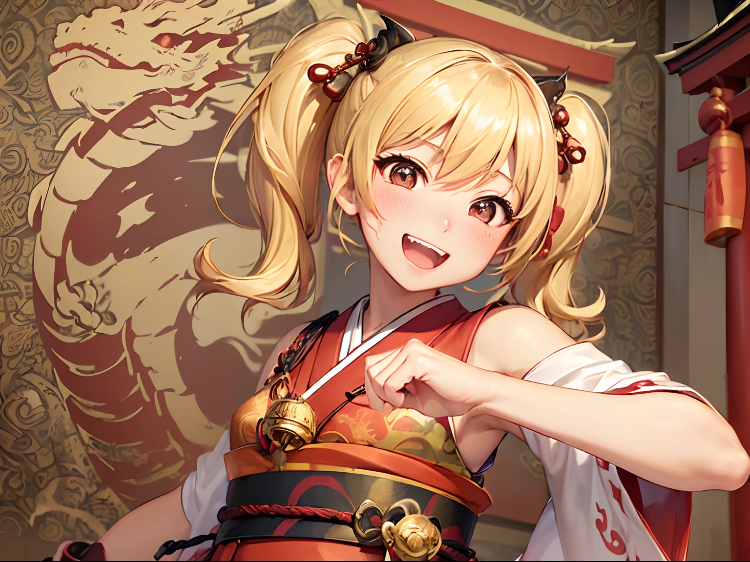 masutepiece, Highest Quality, SFW, Colorful, 1girl in, Solo,(((Petite girl with blonde twin tails))),(((Precincts of the shrine))),(((Brilliant furisode))),(((Asakusa Shopping Street))),(((red blush))),(((open open mouth))),(((Hakama))),(((tabi))),(((the pose))),(((Angle from the front))),(((New Year))),(((In front of the big bell))),(((Gift box))),(((Cheerful face))),(((Daytime)))),(((Dragon-patterned wall))),(((Ema ornament)))