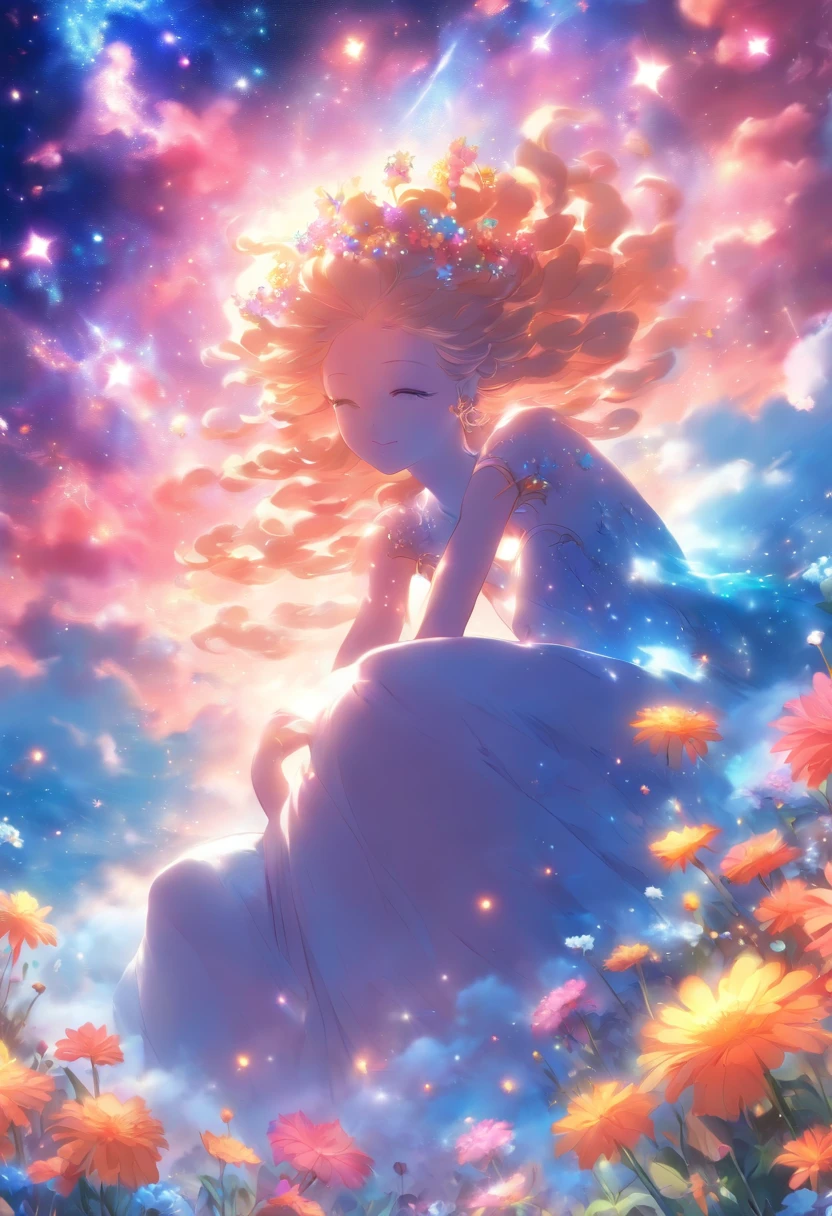 a goddess in a field of flowers, sitting on the cosmic cloudscape, best quality