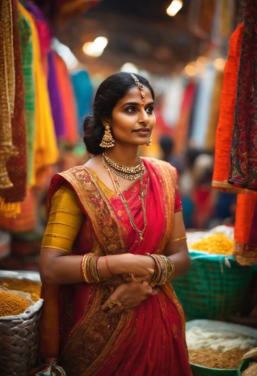 /imagine prompt: 25 years old Indian lady in classic attire, wearing a traditional saree with intricate embroidery and vibrant colors, standing in a bustling marketplace with stalls filled with spices and textiles, capturing the lively and energetic atmosphere with a touch of cultural richness, photography, shot with a Canon EOS R5 with a 50mm f/1.2 lens, --ar 16:9 --v 5