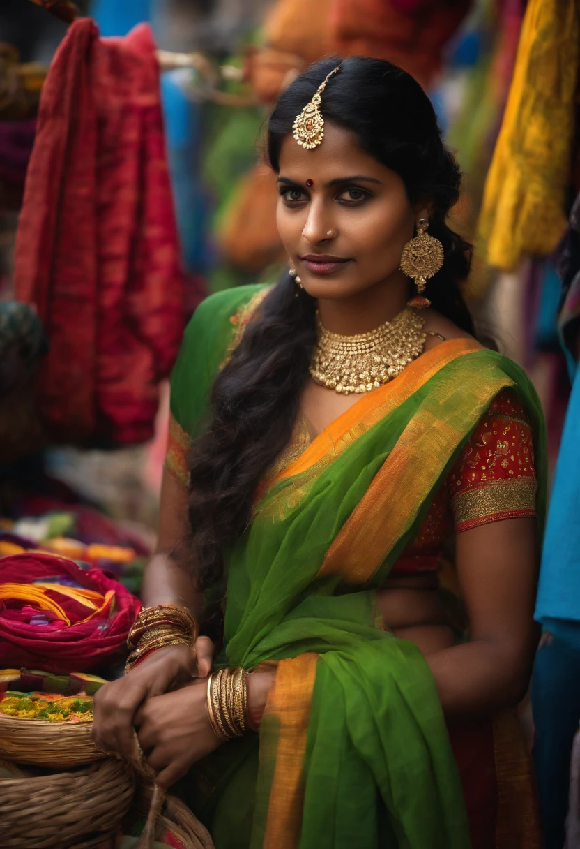 An Indian woman standing in a bustling market, her eyes scanning the colorful stalls filled with vibrant fabrics, spices, and trinkets. She wears a pair of fitted jeans and a crop top that showcase her toned arms, accentuating her fair complexion. Her outfit is accessorized with traditional gold bangles, which clink together as she moves. The woman's long, dark hair is braided and piled atop her head, adorned with a simple yet elegant hairpin. Despite the chaos around her, she appears calm and collected, her dark eyes focused on her surroundings. The brightly painted walls of the market serve as a backdrop for this modern Indian woman, who balances her cultural heritage with a sense of contemporary style.
