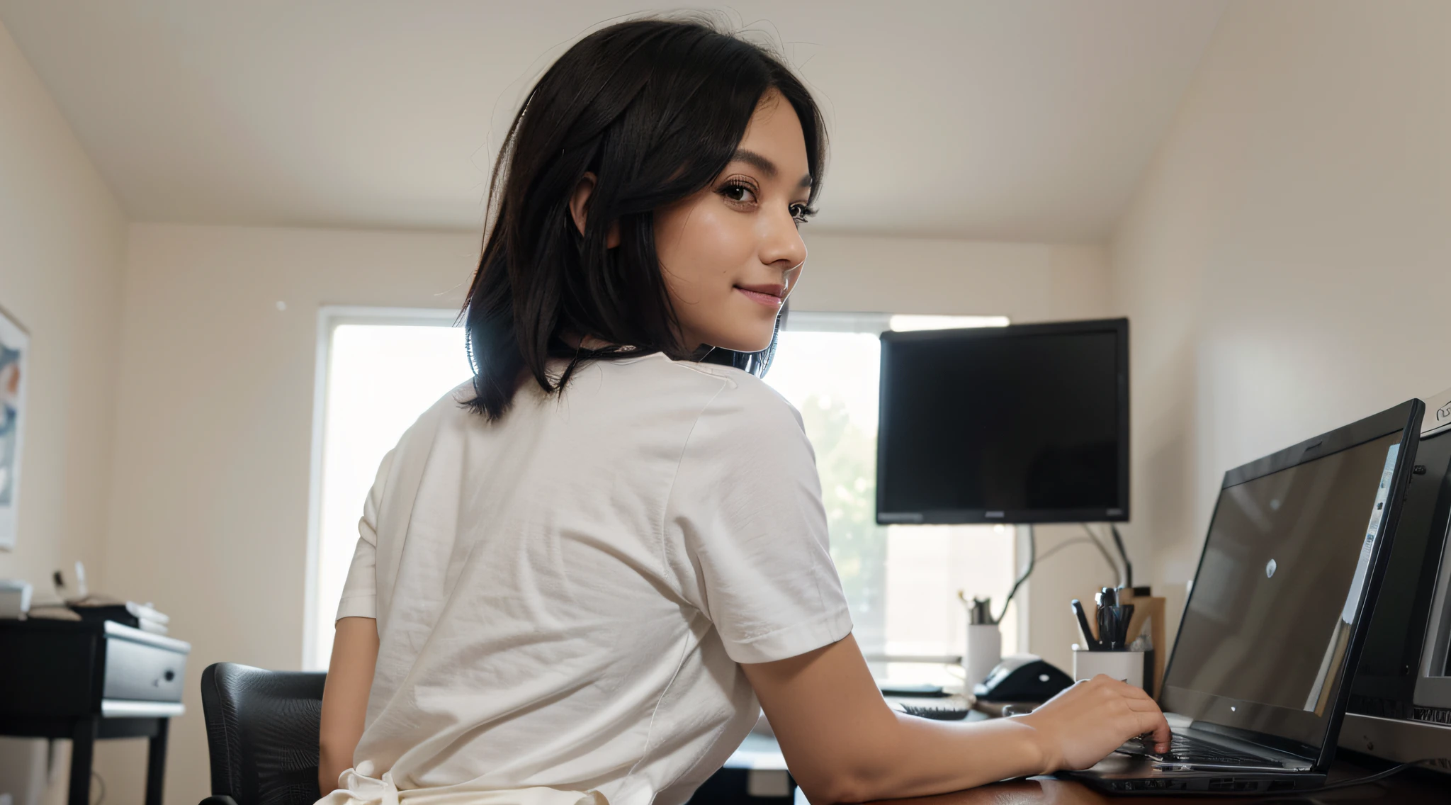 photo from back of a cute influencer ,sitting straight and correctly on a desktop , working on computer, super detailed , black hair, long eyelashes, solid circle eyes, small nose , light smile, facing viewer, drop shadow, 8k, super detail, best quality, 1080P, 1080P, 1080P, 4K, 8k, 16k, HD, 1080P