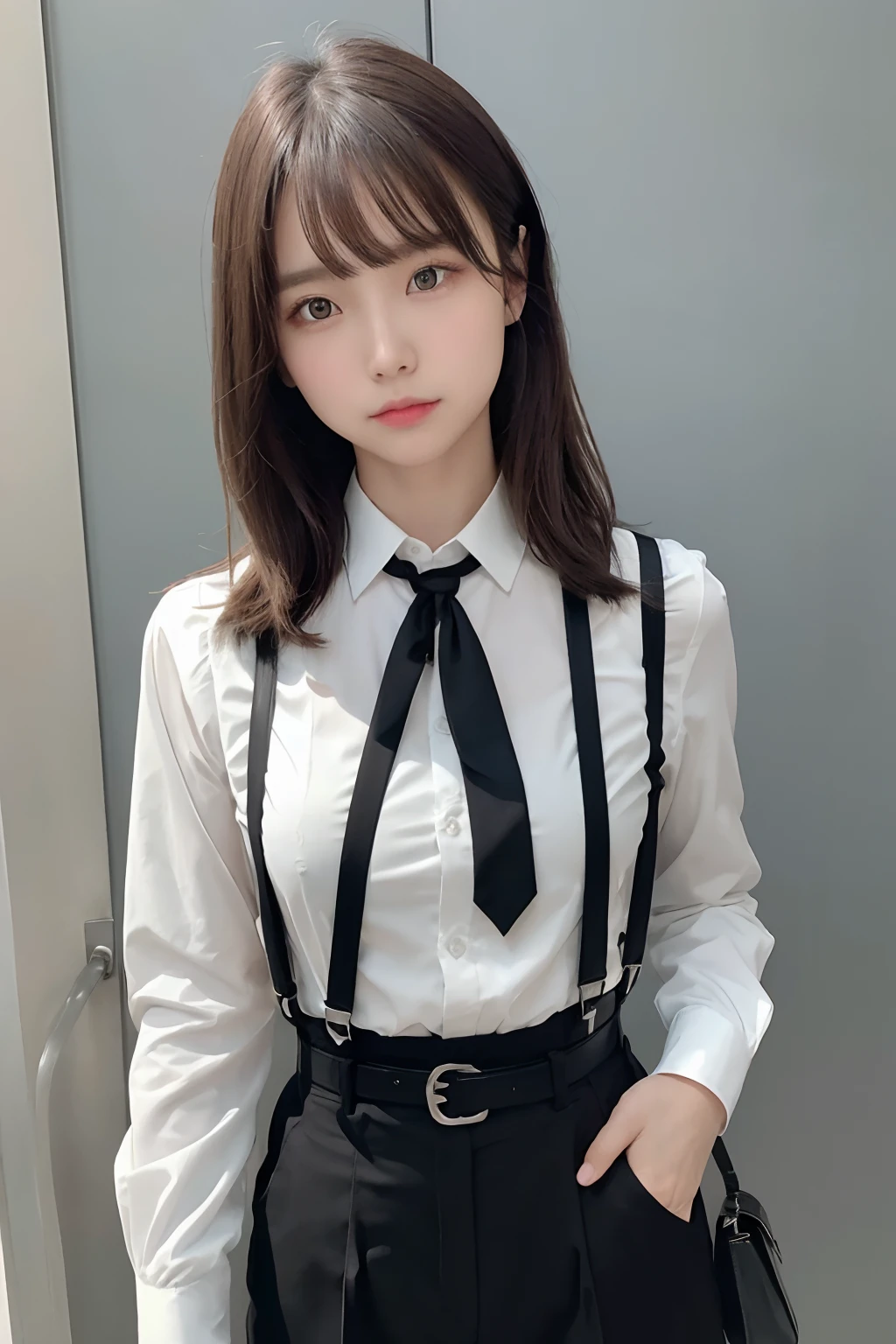 masterpiece、flat-colors、depth of fields、lens flare 1 girl、、Brown hair、watching at viewers black suspenders bulging big breasts Armpit sweat perspiring Side of both hands walls: Black miniskirt garterbelts Gaze Small face Bangs Upper Eyes flank Rat-colored eyes holster a belt