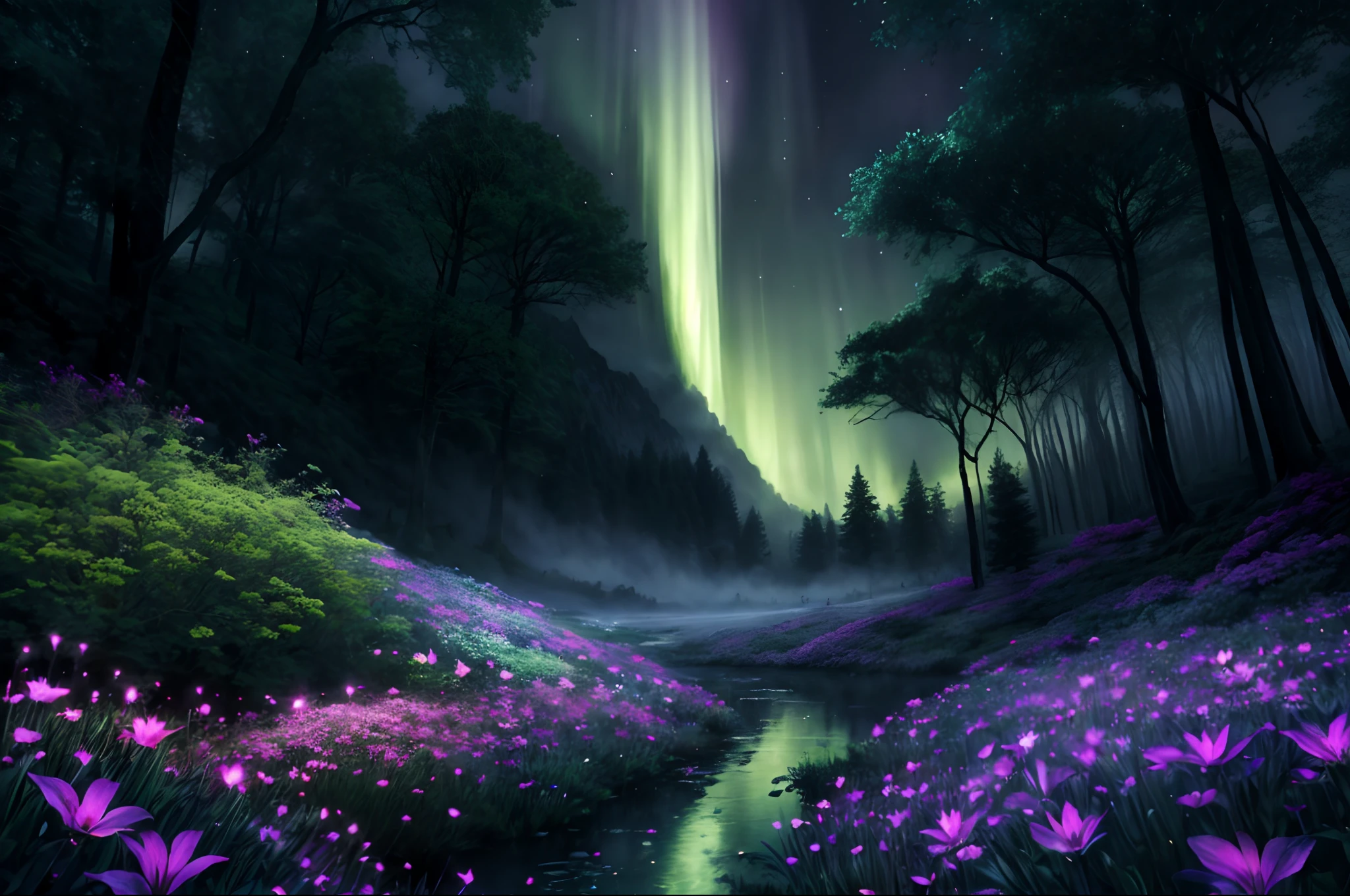 dense fog, glowing flowers.
"(best quality,8k,highres,masterpiece:1.2),cg,scenery,night,sky,clouds,no man,lush forest,beautiful waterfall,rainbow,fantasy image,firefly,moonlight,aurora,tree,black snake on tree,dense fog,glowing flowers"