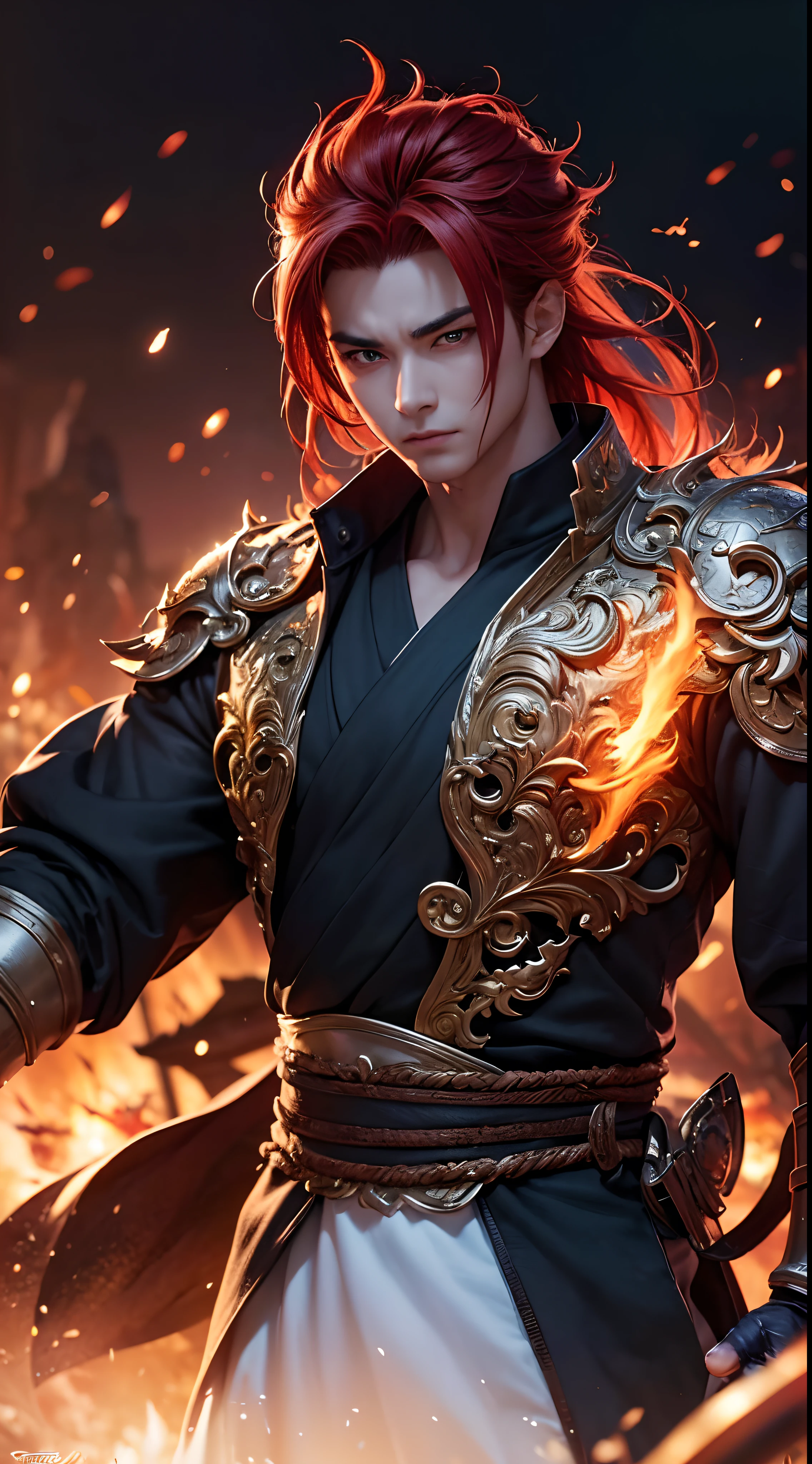 An 8k masterpiece, highest resolution, every detail, meticulous detail, depth of field, bright colors, beautiful composition: stunning take on an anime character Gohan with brilliant red hair and beautifully detailed glowing eyes, standing against a dark and ominous background. This handsome demon slayer is the epitome of bad guys in the world of fantasy art.