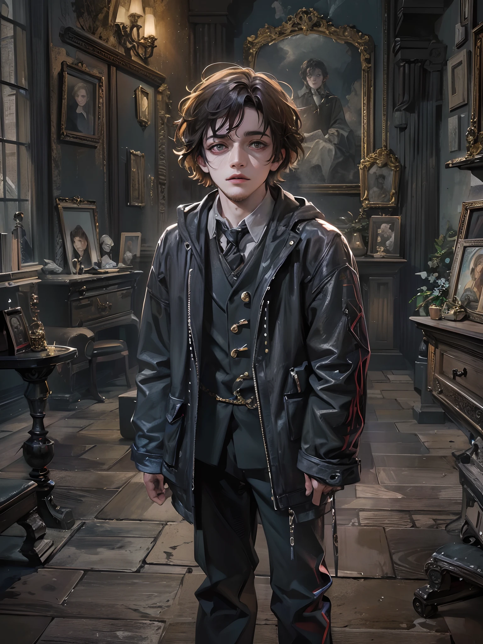 Absurdres masterpiece HDR high quality picture of a young handsome character from Harry potter portrait with a Tim Burton theme style