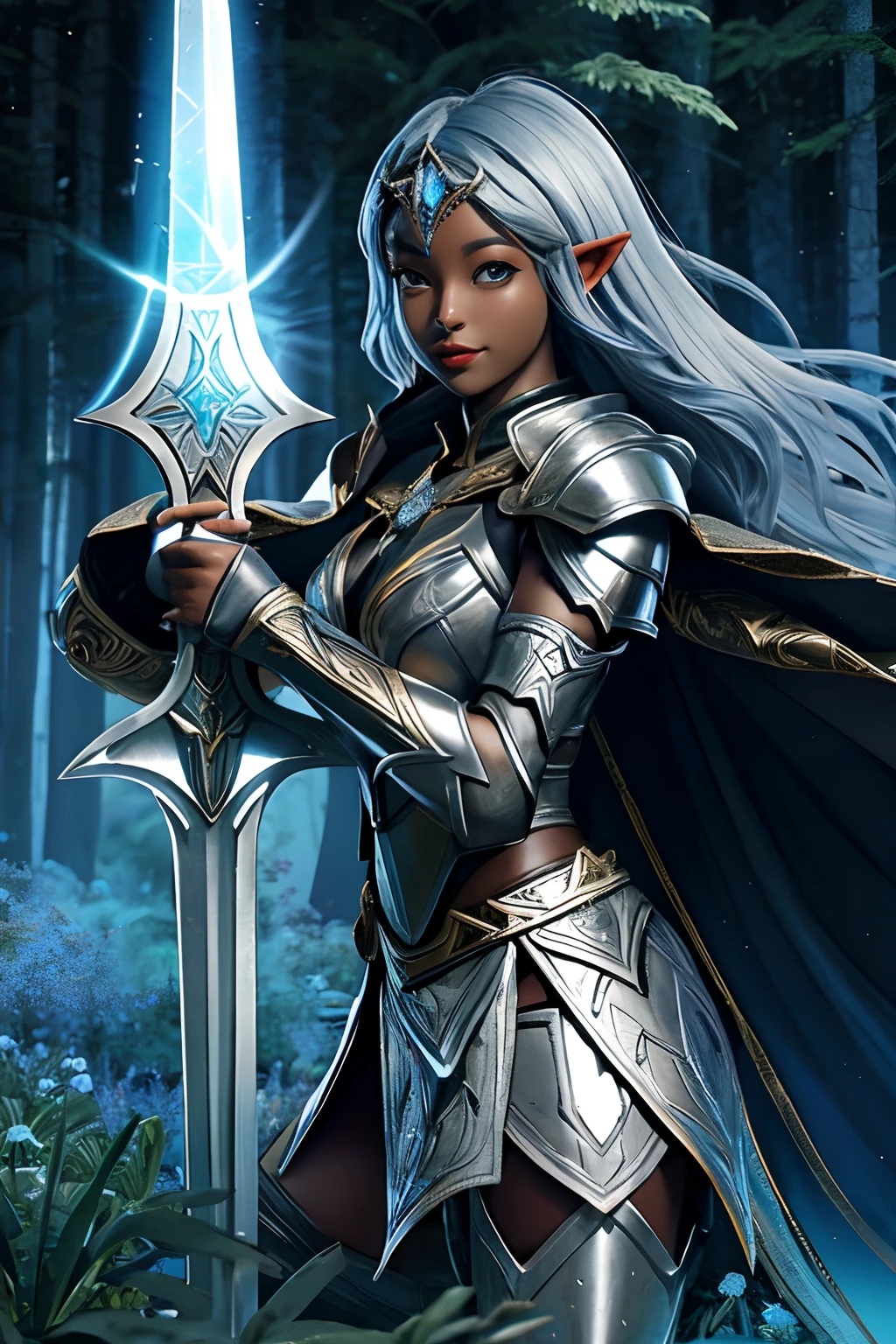 An African American Elven woman stands firm in heavy plate armor, her great sword in her right hand, cloth cape draped down, her left hand emits a blue orb of light, not illuminated in the dark forest, campfires light in the distance, her hair is a silver long Mohawk , a small pixie sits on her right pauldron smiling confidently, Woman,large eyes. Dark skinned