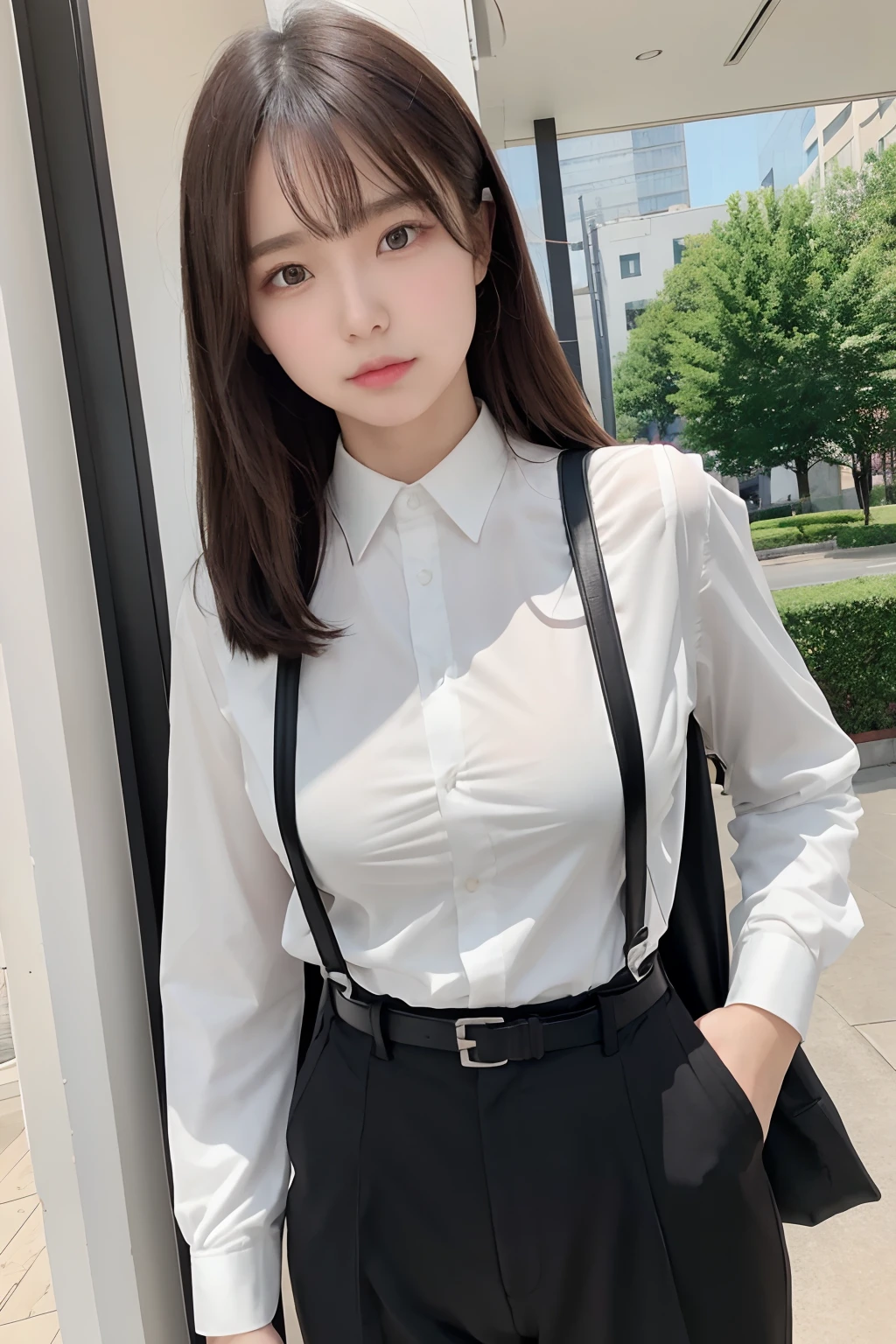 masterpiece、flat-colors、depth of fields、lens flare 1 girl、、Brown hair、watching at viewers a belt black suspenders Social OL ample bosom Armpit sweat perspiring Side of both hands walls: Black Suit Black pants, Black jacket