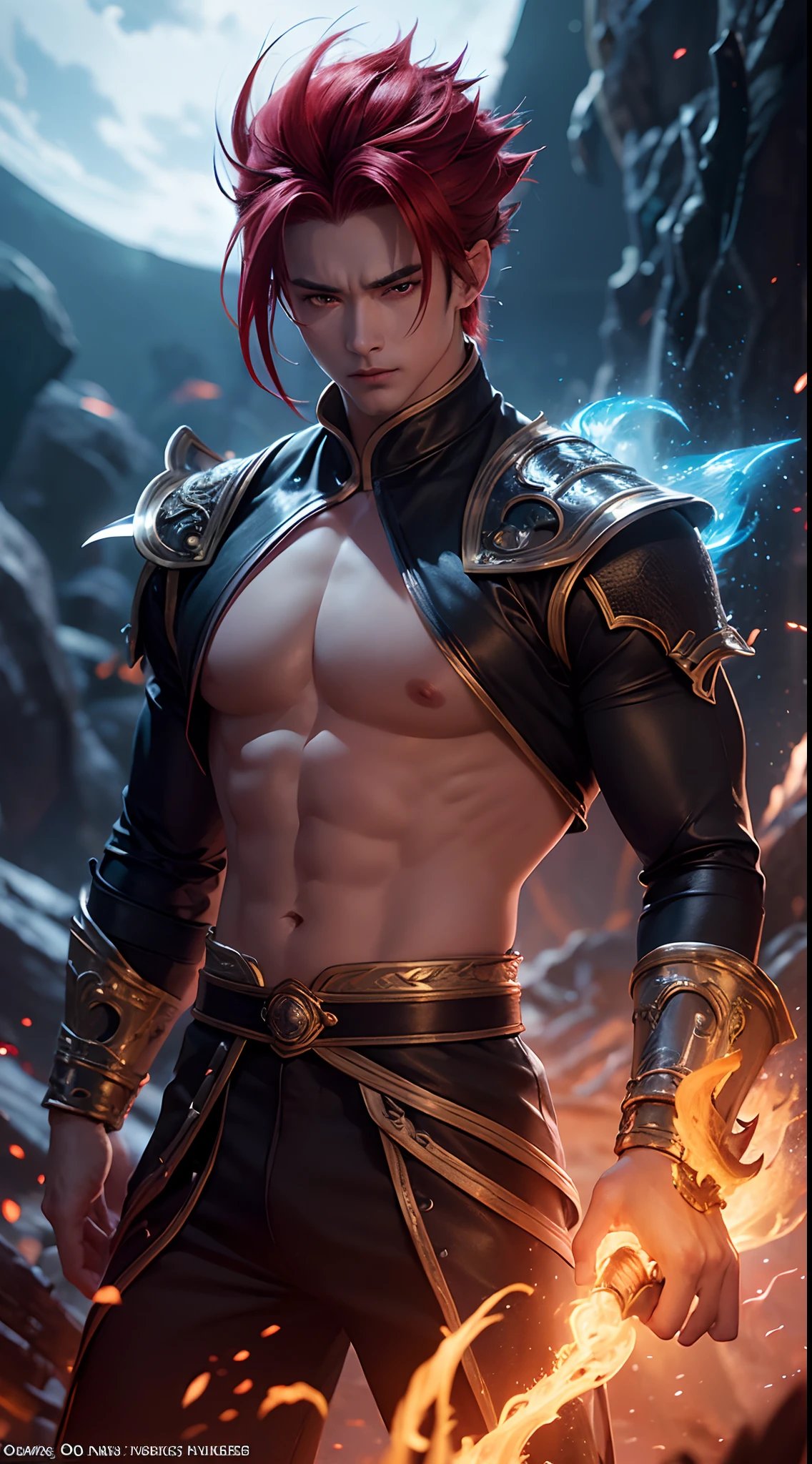 ((Realistic lighting, Masterpiece: 1.3)), (raw photo:1.2), Best quality, 8K, professional photography, Handsome boy with a skinny body wearing demon armor, He has two devil horns on his head, magical crimson red smoke around