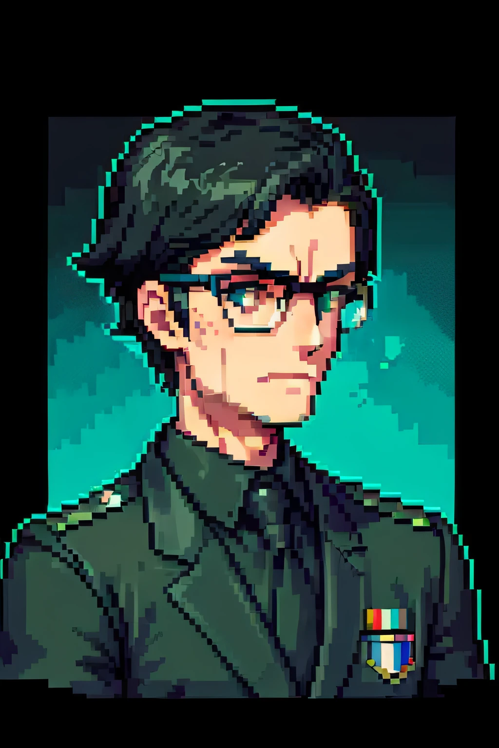 ((In the style of pixel art)), pixel, 4-bit pixel art, A man in a dark green uniform, hair light, Black Square Glasses, freckles , black backdrop, Ultra-detailed pixel art, narrow eyes, black hair, Very short haircut
