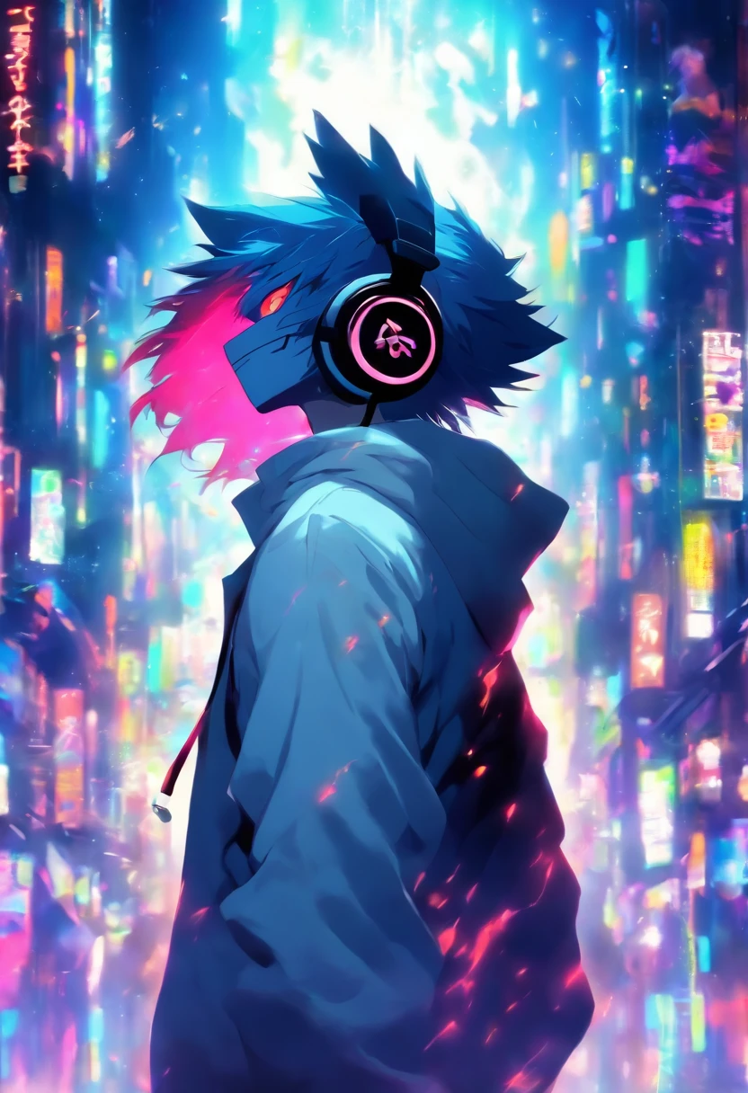 The white hoodie and mask make him almost invisible against the dark background, but his handsome features and the headphones around his neck give him away. He stands in a sidepose, lost in his own world, against the foreboding backdrop.