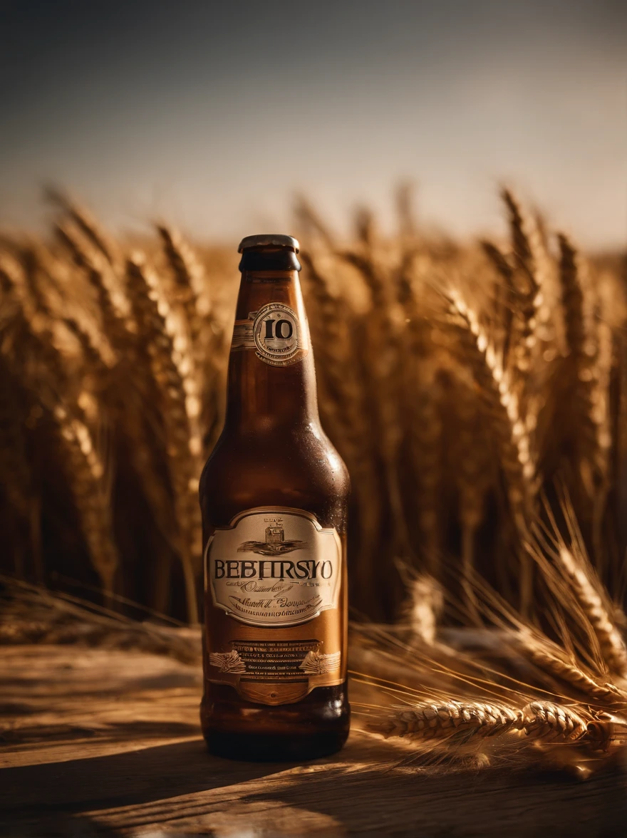 Epic image exclusively of a beer can in a wooden setting with lush and wonderful wheat scattered over the wood. The composition must be grandiose, com destaque  total para lata. Use three-point lighting to create depth and shadows. The ideal camera is a PhaseOne IQ180 with a 24mm lens. The aspect ratio should be 3:4 and the ISO 1000 setting for a balanced exposure. Apply a cinematic color correction for a stunning finishing touch. The scene should also contain hops. I don't want a wheat field as the background of the scene, As the background of the composition a counter of a bar.