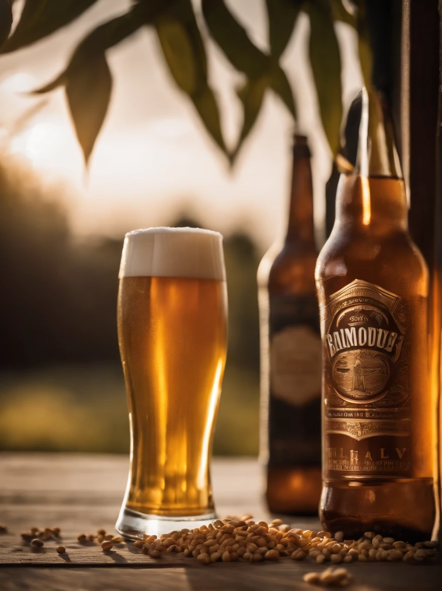 Epic image exclusively of a beer can in a wooden setting with lush and wonderful wheat scattered over the wood. The composition must be grandiose, com destaque total para lata. Use three-point lighting to create depth and shadows. The ideal camera is a PhaseOne IQ180 with a 24mm lens. The aspect ratio should be 3:4 and the ISO 1000 setting for a balanced exposure. Apply a cinematic color correction for a stunning finishing touch. The scene should also contain hops. I don't want a wheat field as the background of the scene, As the background of the composition a counter of a bar.