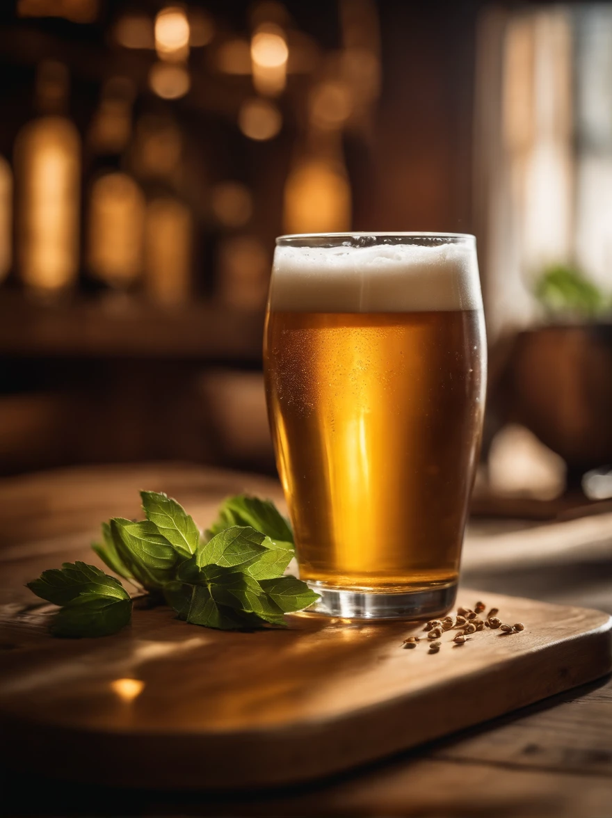 Epic image exclusively of a beer can in a wooden setting with lush and wonderful wheat scattered over the wood. The composition must be grandiose, com destaque  total para lata. Use three-point lighting to create depth and shadows. The ideal camera is a PhaseOne IQ180 with a 24mm lens. The aspect ratio should be 3:4 and the ISO 1000 setting for a balanced exposure. Apply a cinematic color correction for a stunning finishing touch. The scene should also contain hops. I don't want a wheat field as the background of the scene, As the background of the composition a counter of a bar.