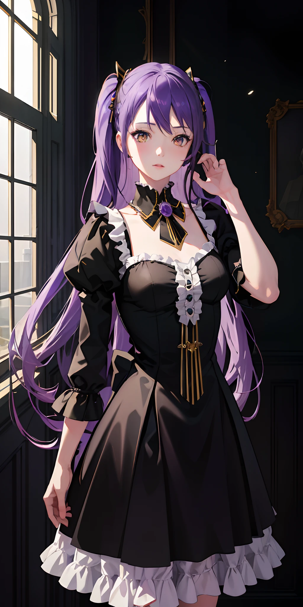 Absurdres masterpiece HDR high quality picture of realistic, 1girl, violet hair, yellow eyes, hatsune miku, Disney style evil queen, castle, light particles, light rays from window, wallpaper,