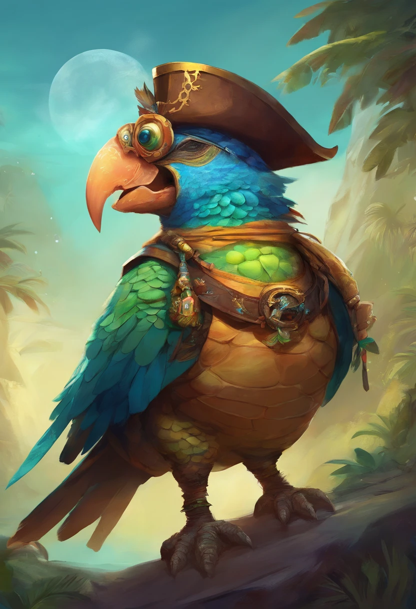 Anthropomorphic blue bird, large yellow and orange beak, zoom in on face, Grinning, gazing at viewer, hairy chest, olhando de lado, background red, steampunk style image borders.